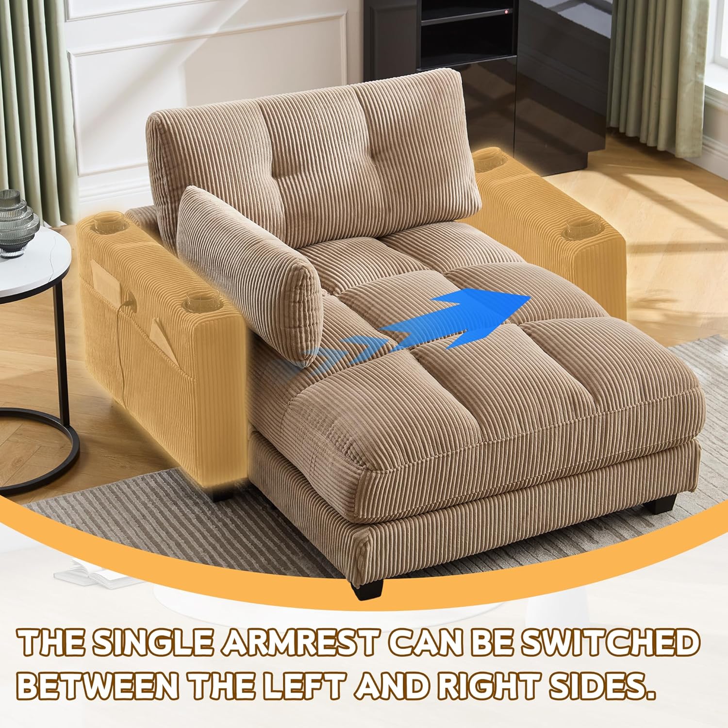 91" Oversized Double Chaise Lounge Cloud Couch, Corduroy Upholstered Sectional Sofa Bed Lounger Daybed with USB & 2 Cup Holder, Modern Deep Seat Sleeper Loveseat Chair for Living Room, Khaki