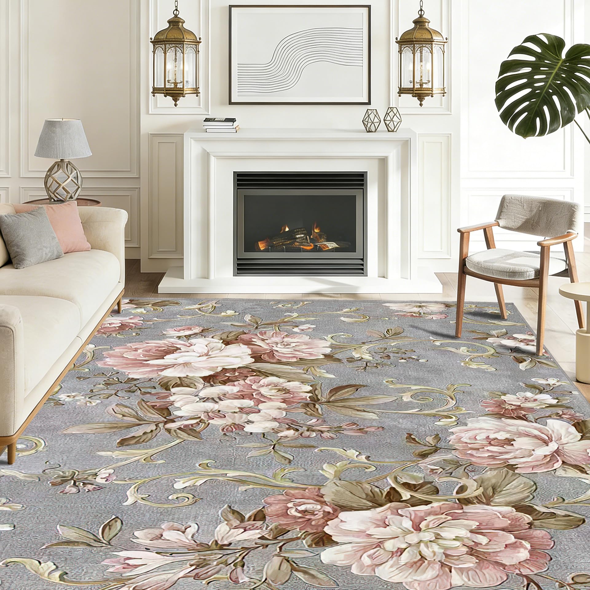 WQMMD Pink Large Floral Rugs Living Room 140x210cm Vintage Washable Non Slip Area Rugs Retro Floral Extra Large Carpet for Bedroom Dining Room Hall Lounge Indoor Home Decor Pink Grey and Green โ image 1