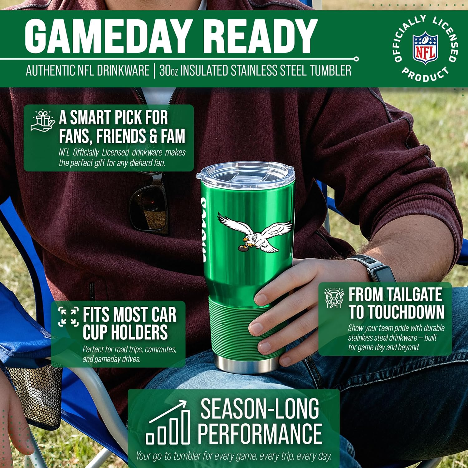 Team Fan Apparel NFL 30oz Gameday Stainless Steel Tumbler, Insulated For Hot & Cold, Slider Lid, Silicone Grip, Officially Licensed (Philadelphia Eagles - Kelly Green) - Image 4