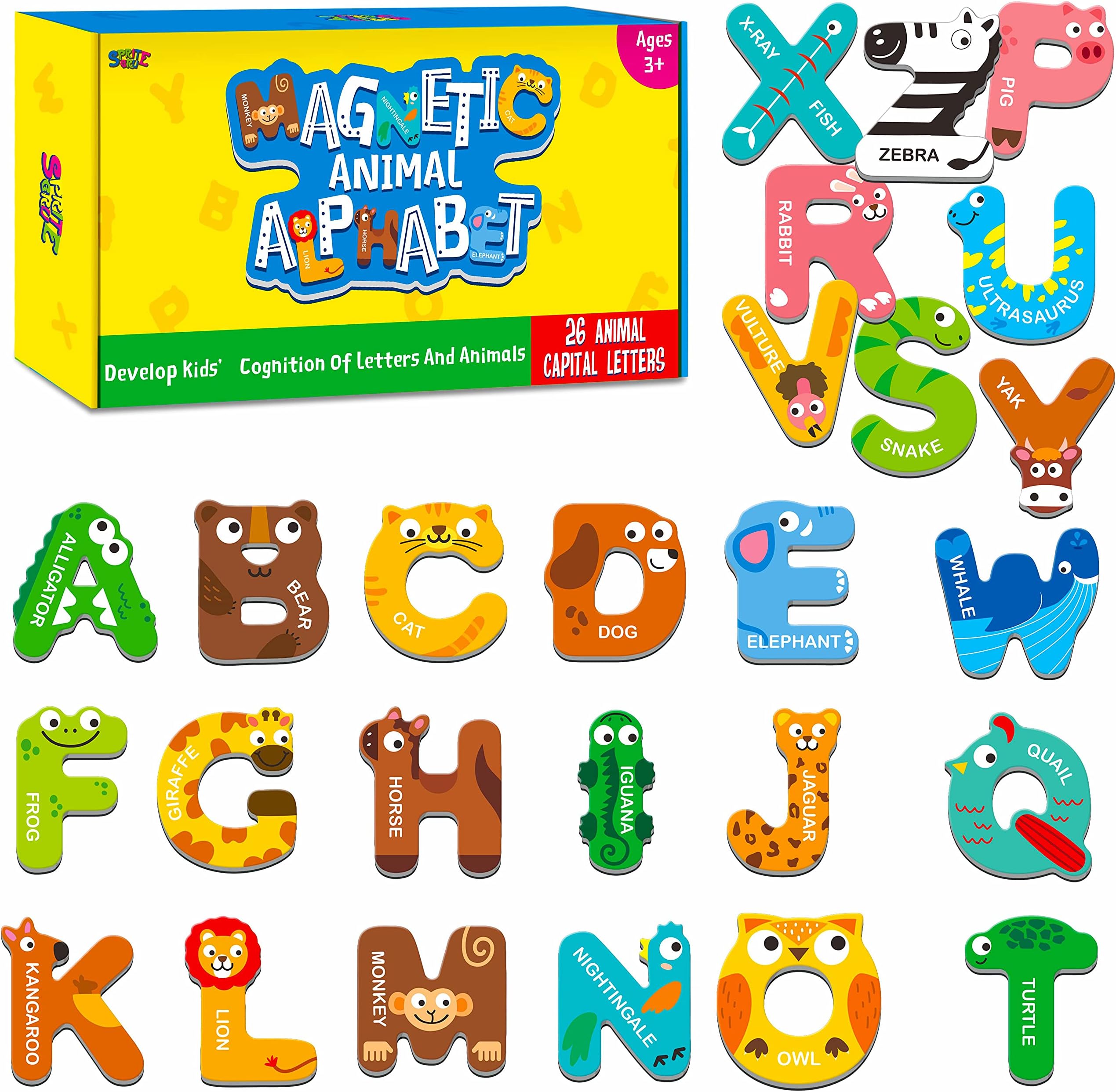 SpriteGru Large Size Magnetic Letters Alphabet ABC Fridge Magnets Capital Animal Toys Educational Spelling Learning Games for Kids Toddler 3 4 5 Years Old