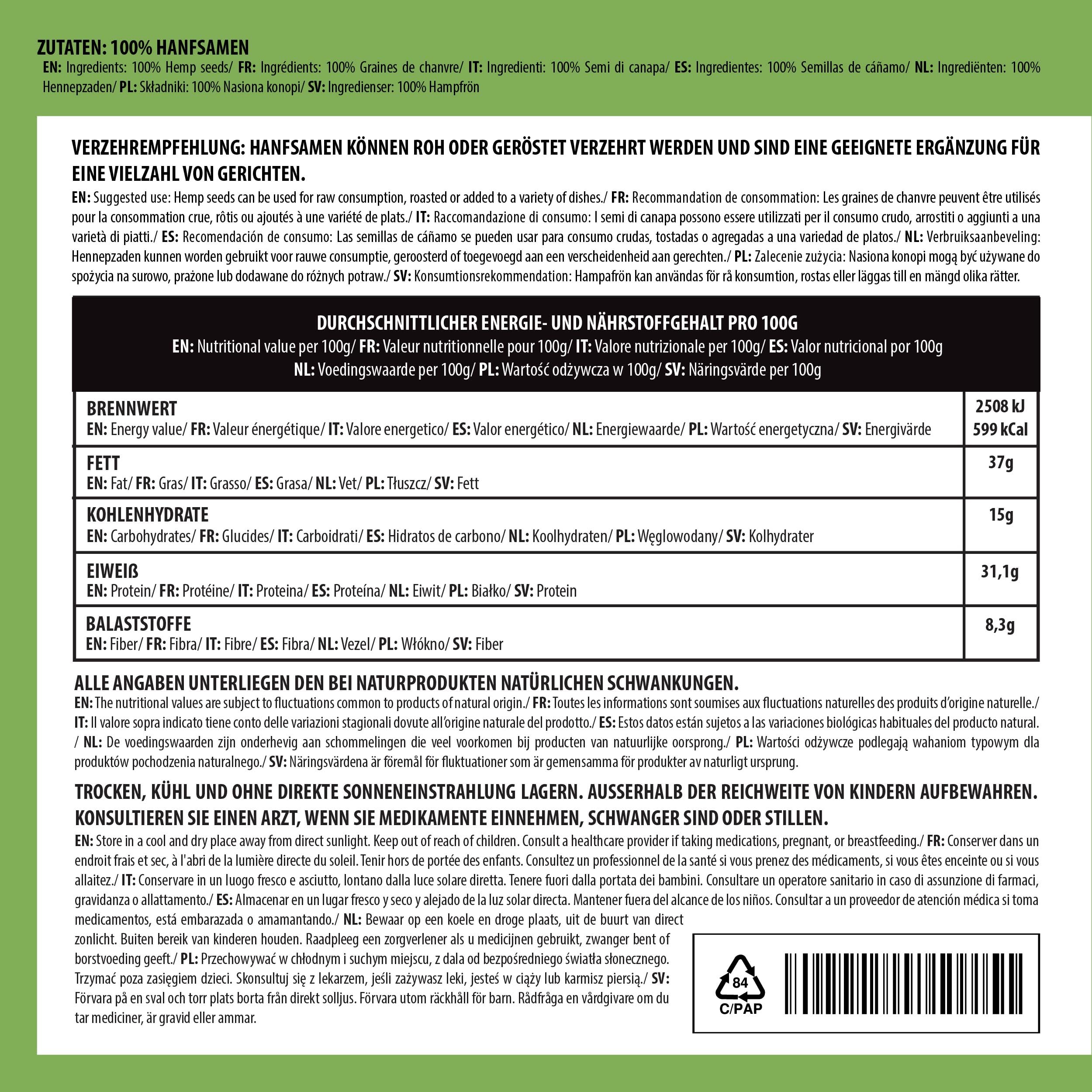 Alpi Nature Łuskane Nasiona Konopi 500g, Łuskane Nasiona Konopi, Całe Łuskane Ziarna Konopi
