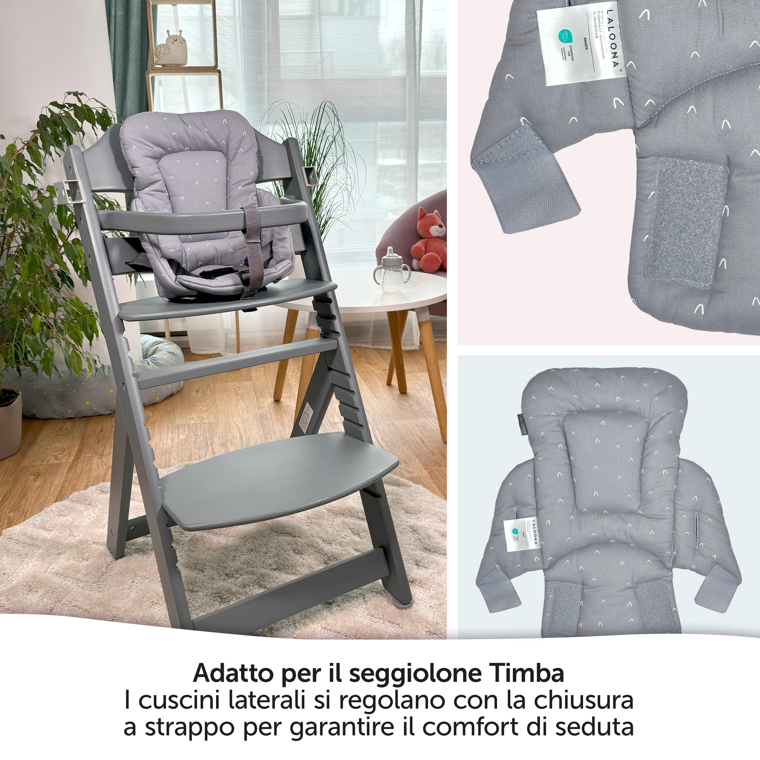 LaLoona Cuscino Riduttore Seggiolone Per Safety 1st/Bebeconfort Timba - Riduttore Seggiolone Pappa Bimbo Morbido, OEKO-TEX Standard 100, Lavabile in Lavatrice - Grigio