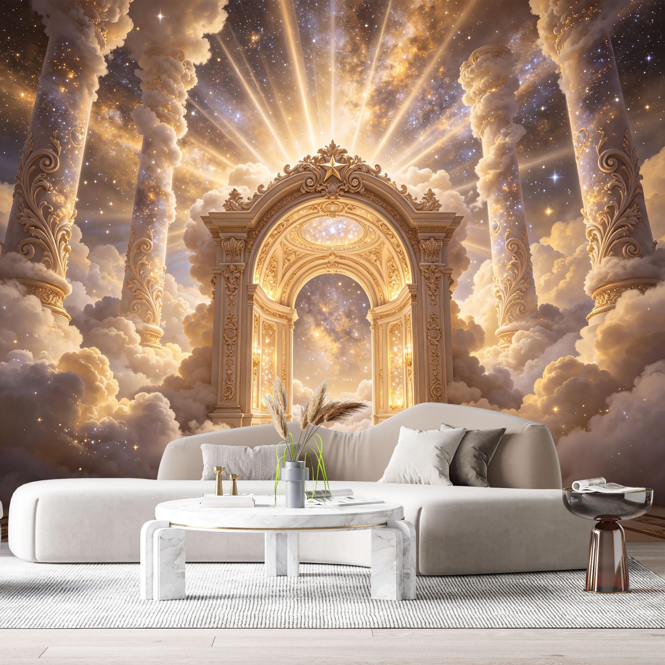 Custom Size Wall Murals Celestial Archway Golden Divine Light 3D Trompe L'Oeil SelfAdhesiveWall Fabric Removable Wallpaper Wall Decor for Living Room Bedroom Bathroom