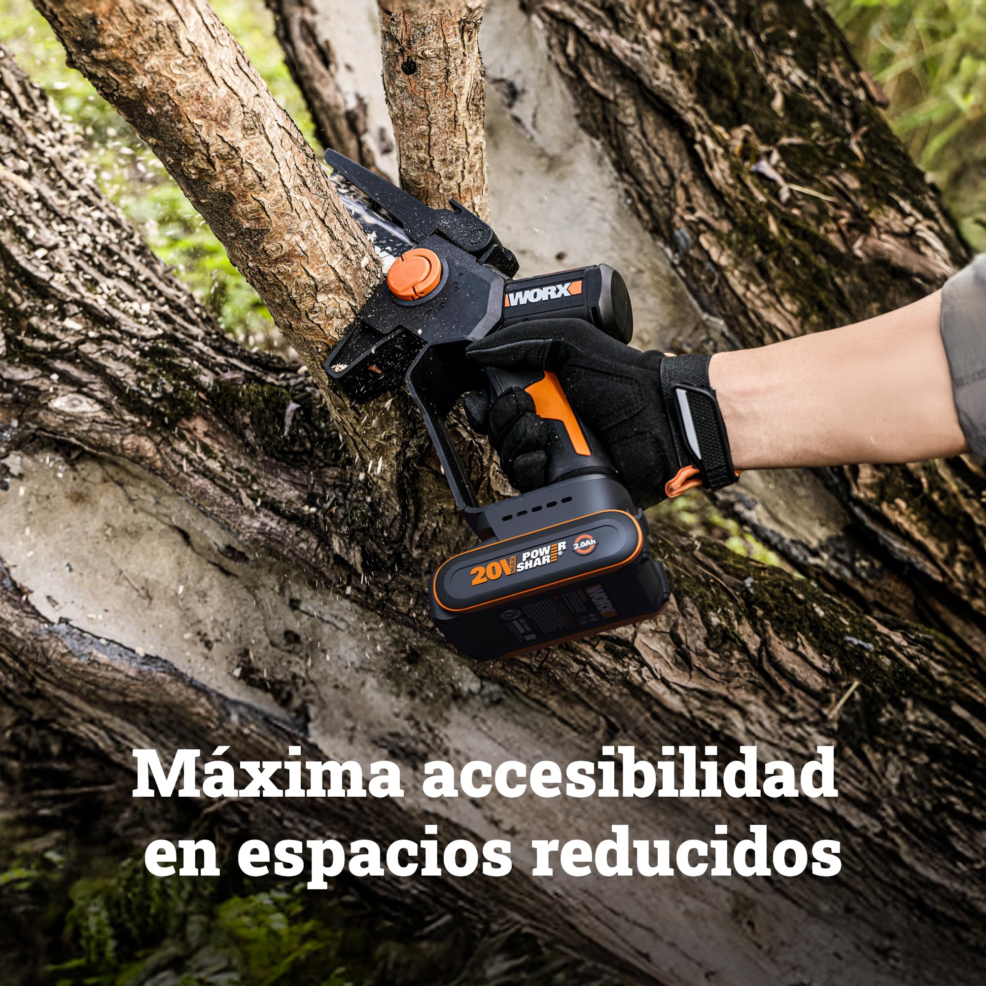 WORX WG327E Mini Motosierra 15cm 20V 2Ah Brushless, una Mano | Motor brushless NITRO, cambio cadena sin herramientas, doble seguridad, cargador 1h incluido, compatible 20V/40V