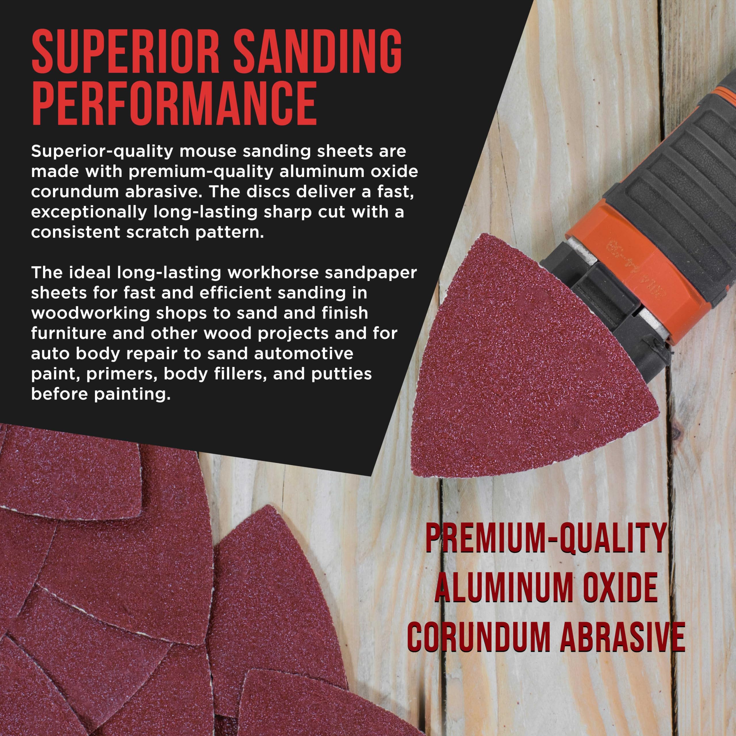 ProductionShop 100 Grit Mouse Detail Sander Sandpaper – 45-Pack, 12-Hole Dustless Hook & Loop Triangle Pads – Fits Black & Decker & Most Detail Sanders