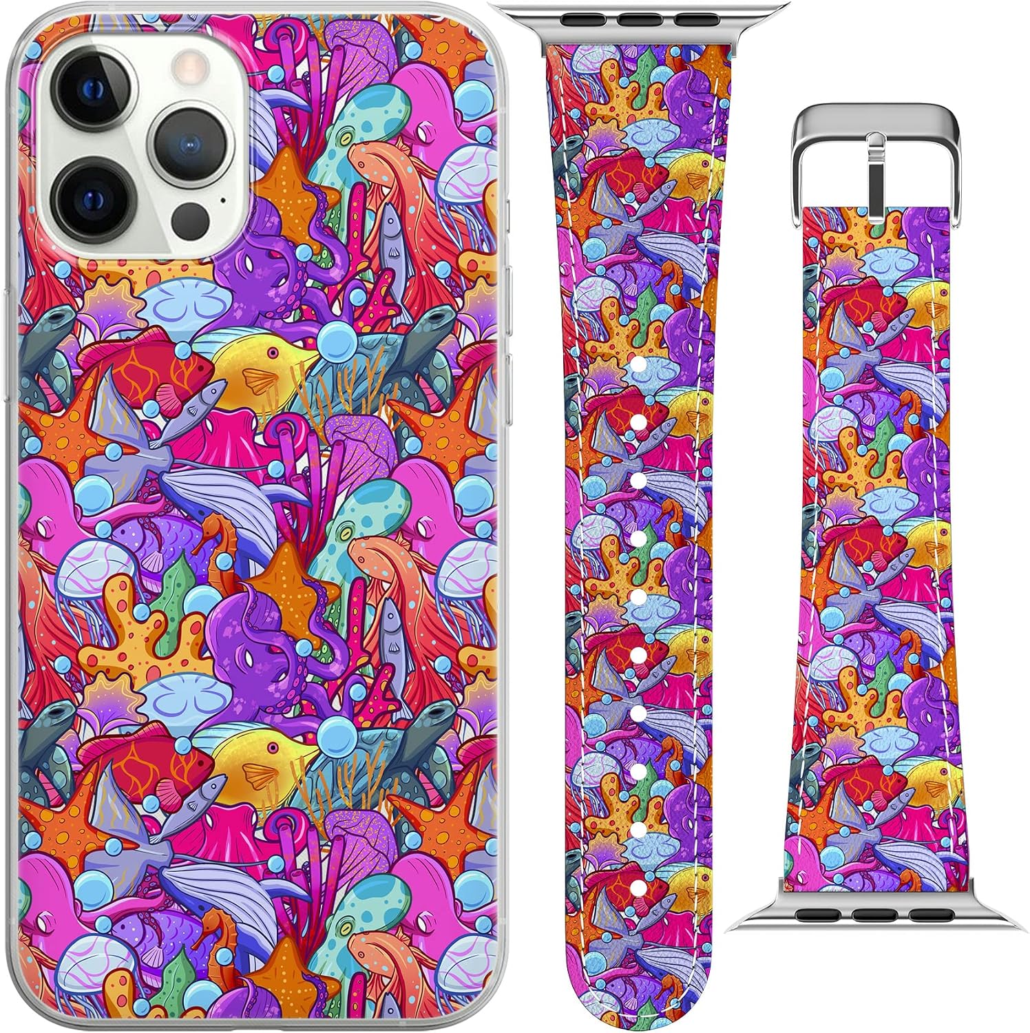Wrist Band Compatible for Apple Watch Series 7/6/5/4/3/2/1/SE & Matching Phone Case Hippie Alien Teen Replacement Strap 38-40-42-44 mm Trippy PU Leather Cute Crazy Print Cool Bracelet image 2