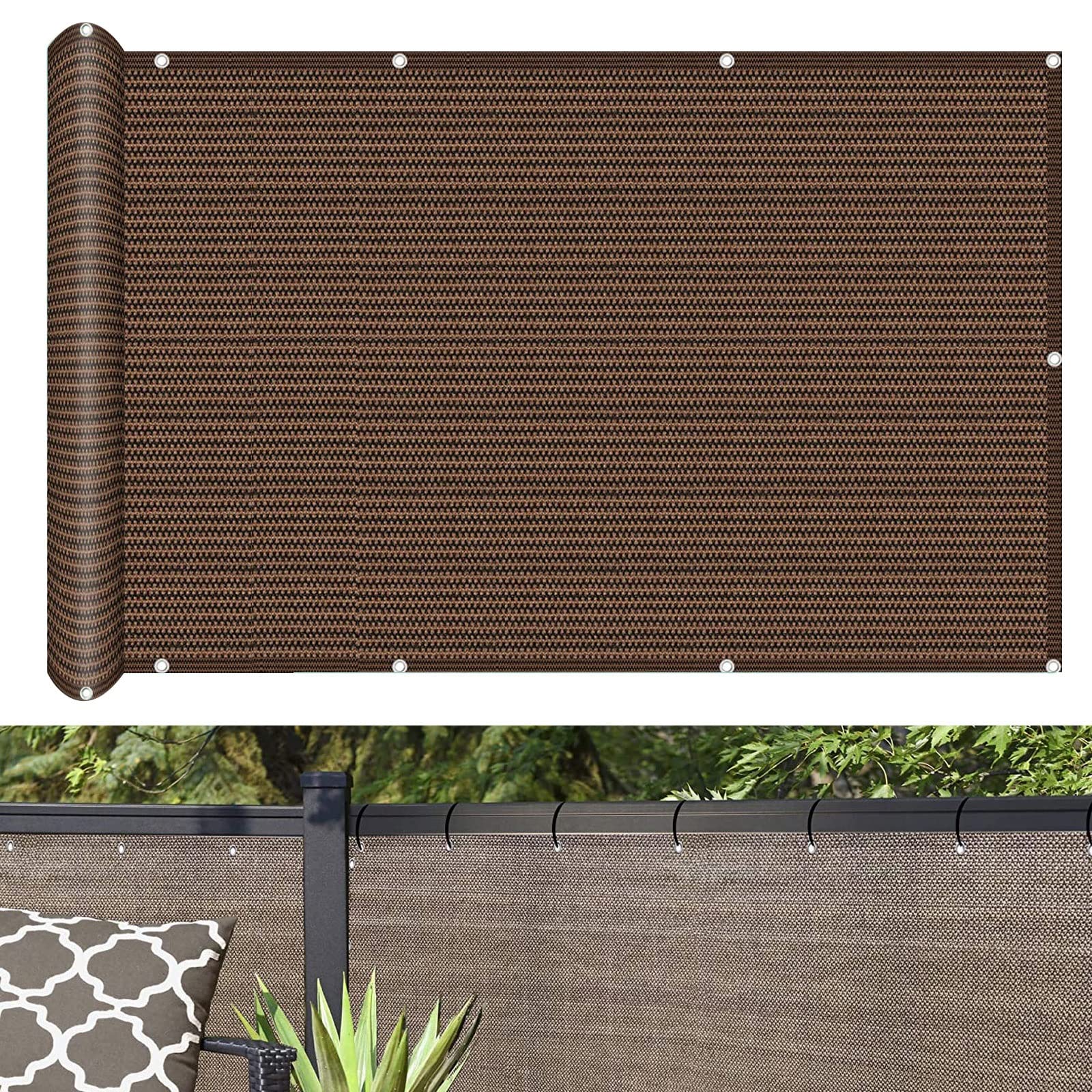 Ekran prywatności balkonu 65 x 550 cm Odporny na warunki atmosferyczne Parawan Balkonowy Parawan Wiatrowy z oczkami liny na patio na podwórku na werandzie, brązowy
