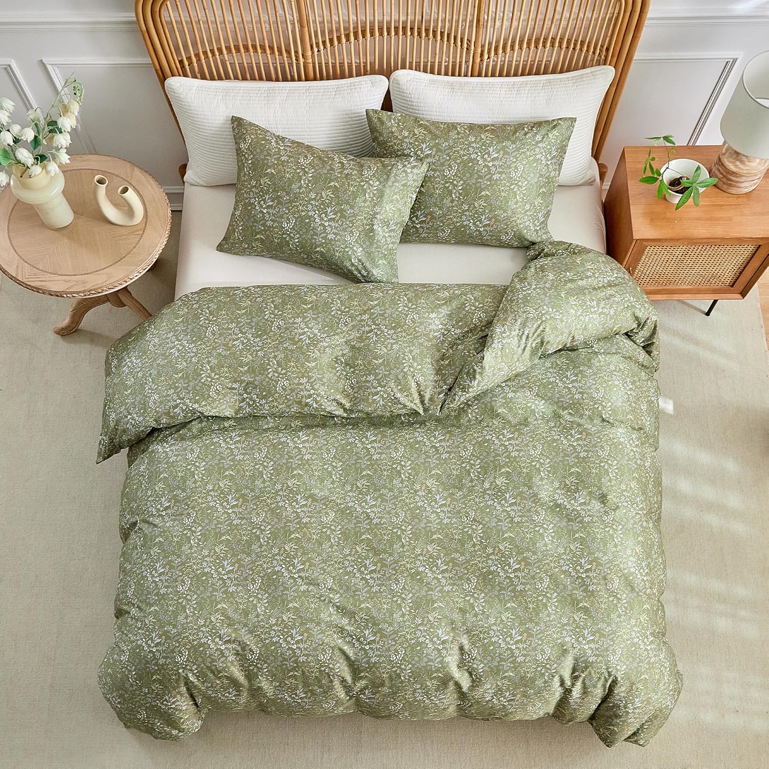 Army Green Comforter Set Washable for Bedroom Twin XL Boho Floral Quilted Comforter Set for Girls, Women, Men Warm Durable Bedding Set for All Seasons, 68''x90''