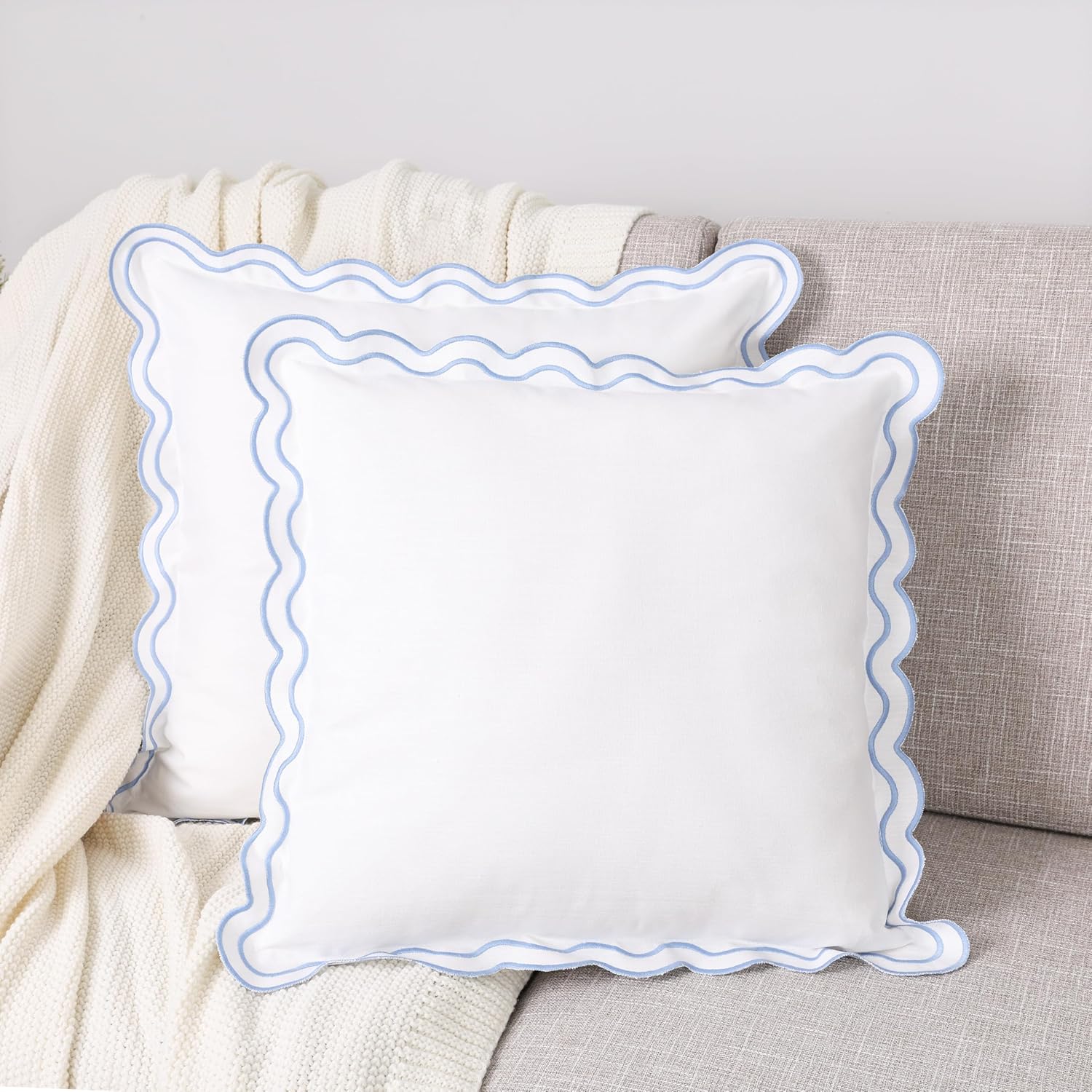 Chlophy Scalloped Pillow Cover Set of 2 Valentine Pillow Covers 100% Cotton Spring Throw Pillow Covers Boho Farmhouse Home Decor for Couch Sofa Living Room Embroidered Washable Pink 20x20in