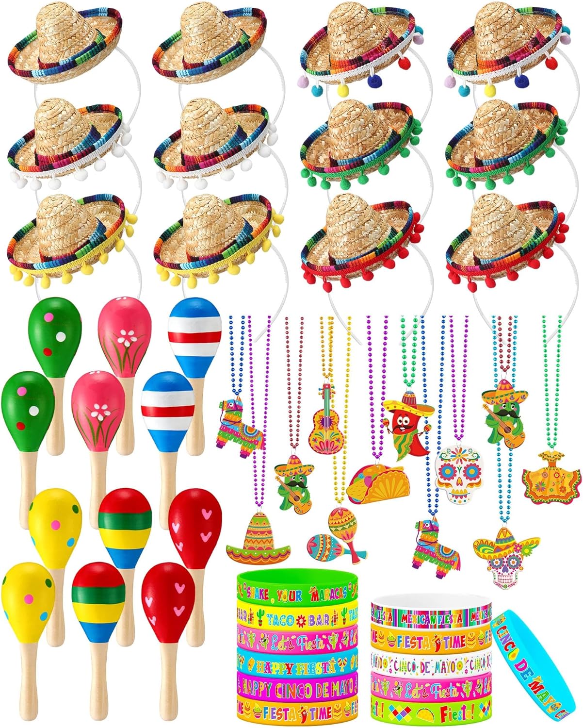 48 Pcs Mexican Fiesta Party Favors Set 12 Cinco De Mayo Sombrero Hats 12 Maracas Necklaces Bracelets for Birthday