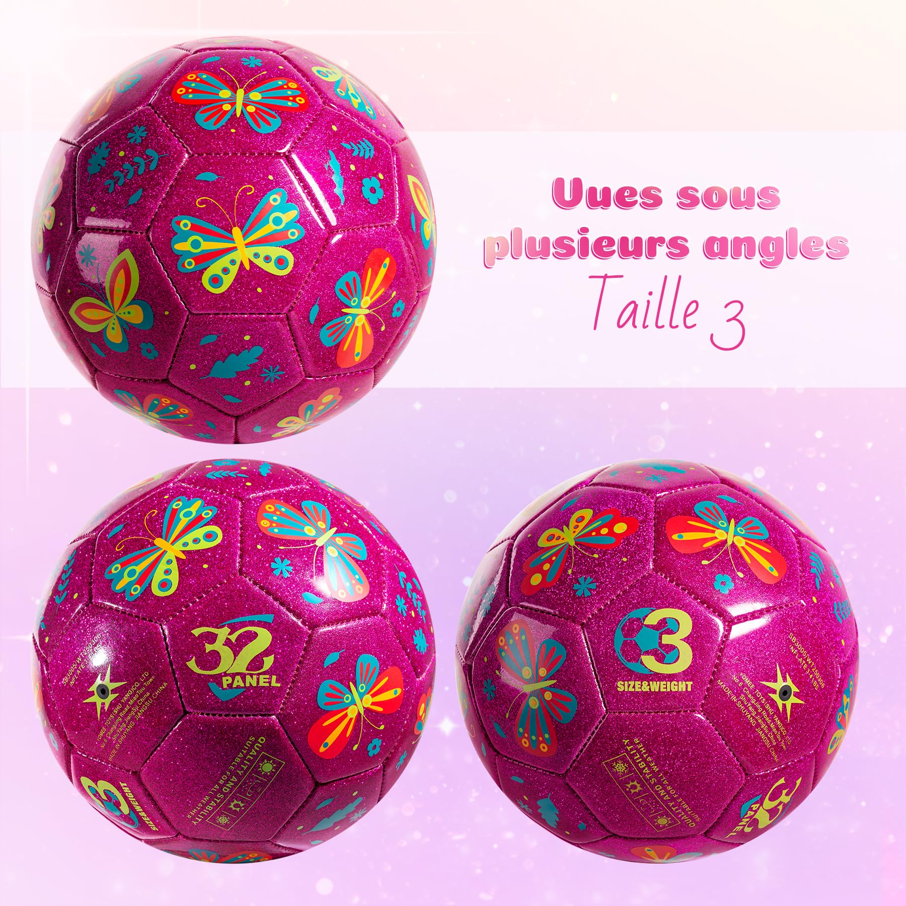 U&C Planet Ballon de Football Size 3 pour Enfants âgés de 3 à 8 Ans Motif Papillon Rose Vif Brillant Comprend Une Pompe à Main et Un Sac en Filet