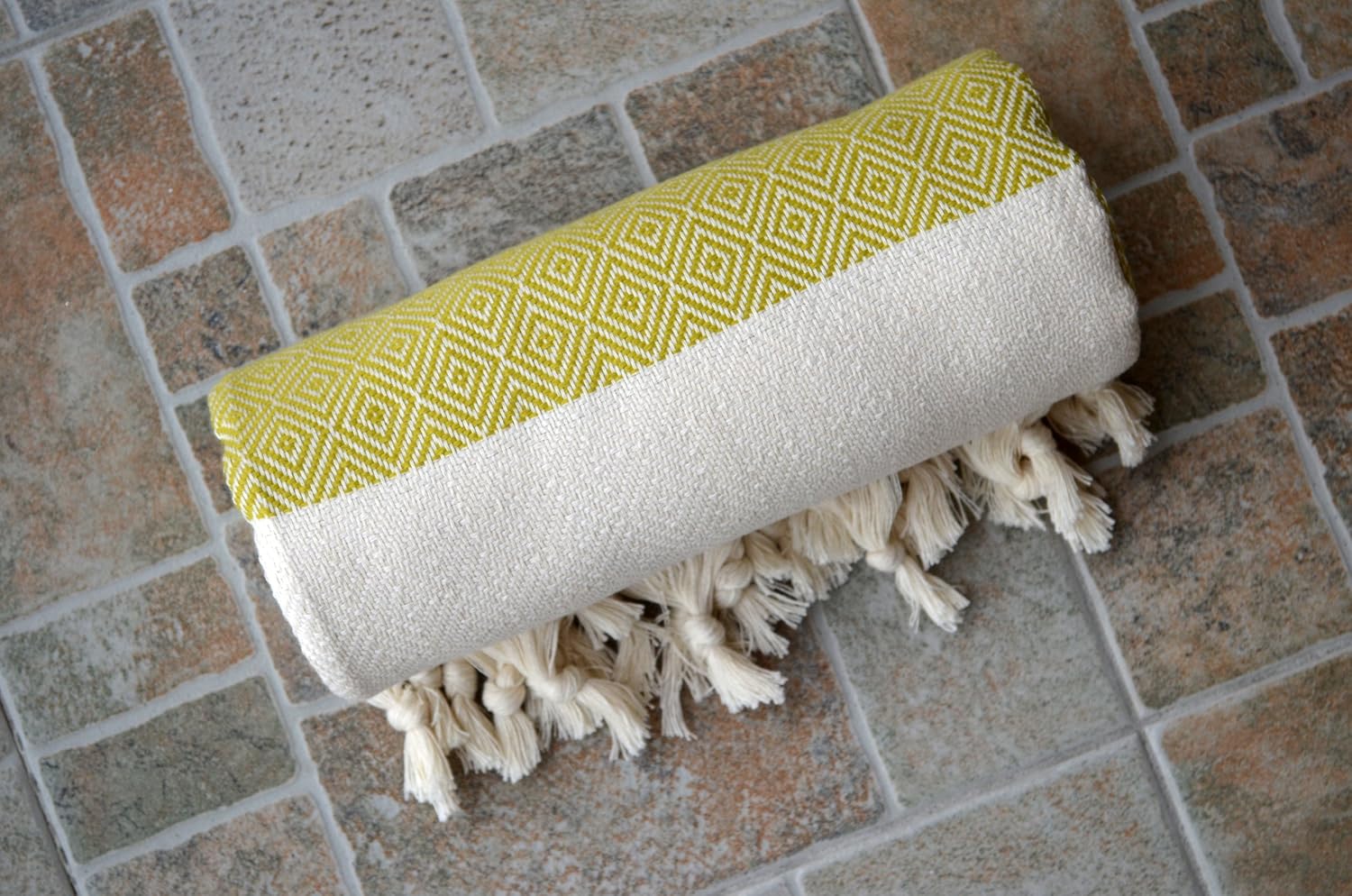 Dandelion - Diamond Pattern - 100% Naturally-Dyed Cotton Turkish Towel Peshtemal - 71x39 Inches - Mustard Yellow