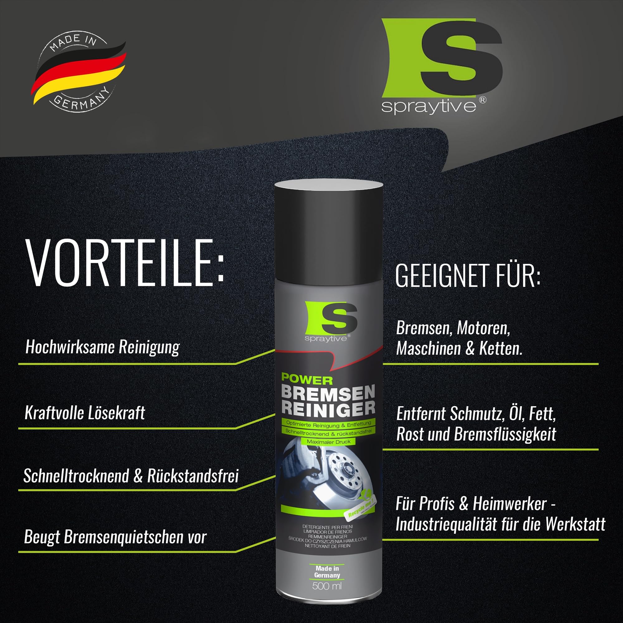 6 x 500ml Power Bremsenreiniger Spray - Detergente industriale e detergente a freddo altamente efficace: Rimuove sporco, olio, grasso, ruggine e liquido dei freni – Made in Germany