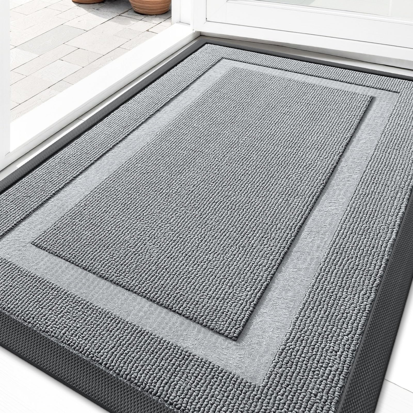 OLANLY Front Door Mat Outside 33x21, All-Season Heavy-Duty Rubber Doormat | Ash Gray, Absorbent, Stain and Fade Resistant, Waterproof Non-Slip Backing, Low-Profile Indoor Outdoor Floor Mat for Entryway