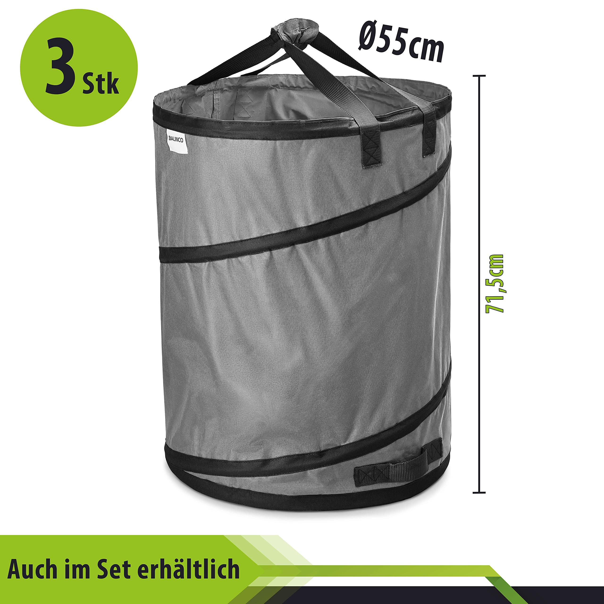 3x 170 litri sacco pop-up per rifiuti da giardino grigio autoportante e stabile | sacco per foglie | sacco per rifiuti verde pieghevole, grande in poliestere estremamente robusto 220 g/m²