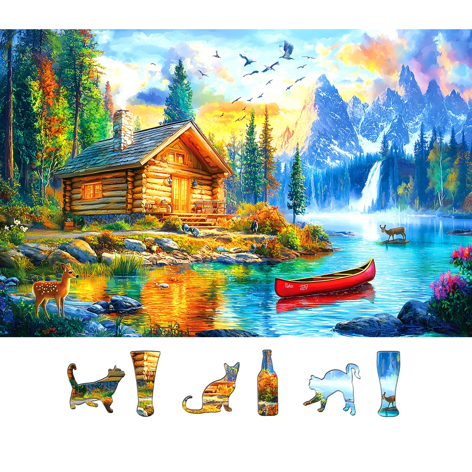 500 Piece Jigsaw Puzzle for Adults Mountain Lake Cabin Nature Forest Waterfall Deer Sunset Landscape Family Challenging Puzzles with Letters on Back Perfect for Game Night (23"X15")