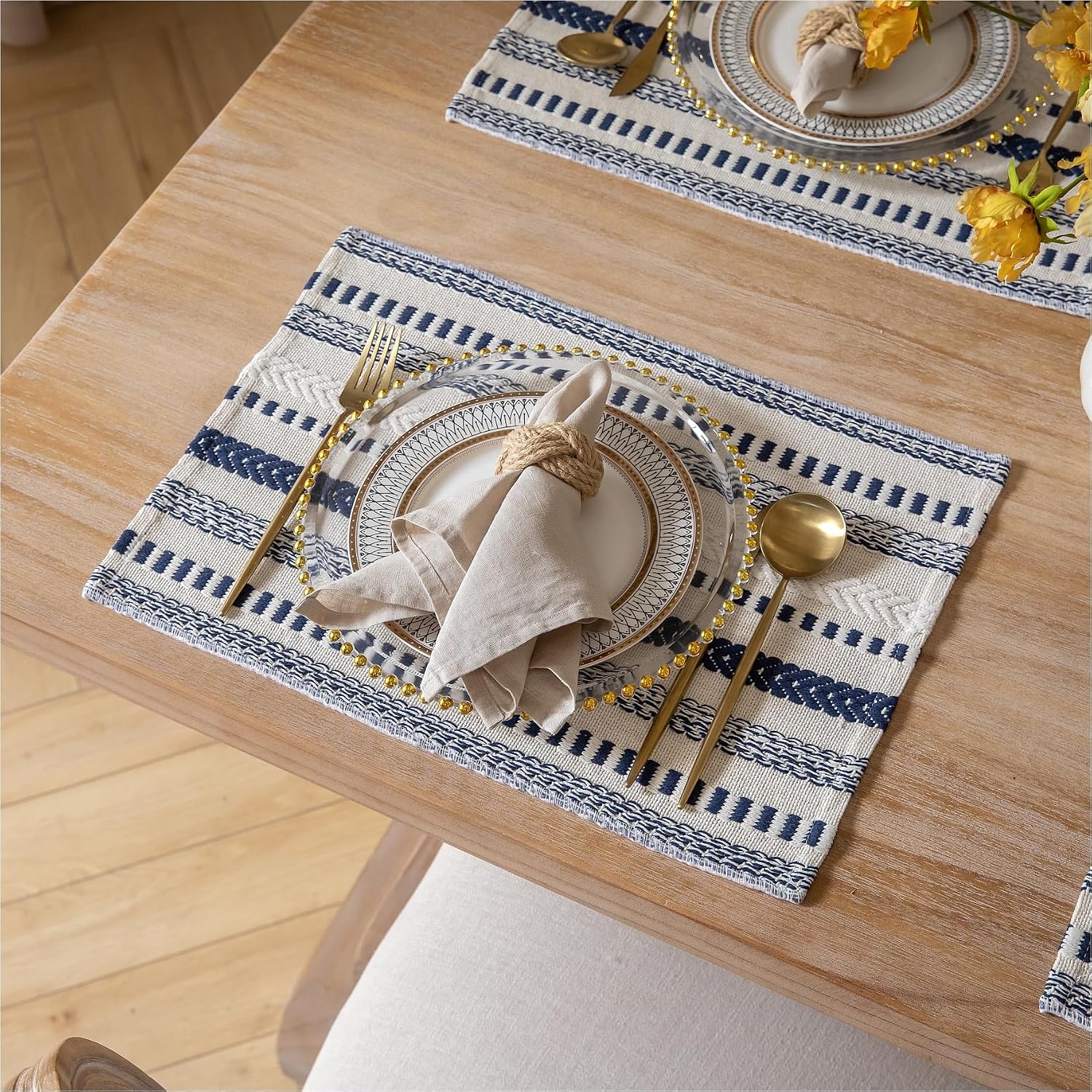 Caflife Boho Placemats Set of 6, Navy Blue Cotton Linen Woven Table Mats, Farmhouse Rustic Decor Dining Table Place Mats