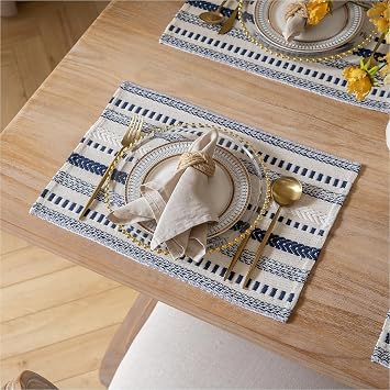 Caflife Boho Placemats Set of 4, Navy Blue Cotton Linen Woven Place Mats