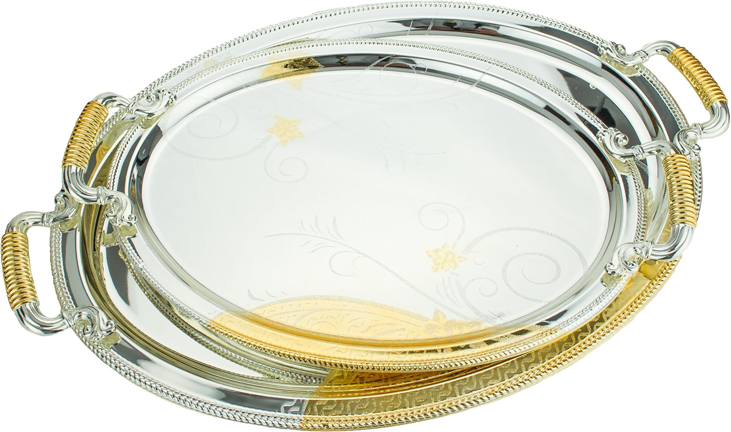2-Piece Orchid Swirl Oval Decorative Serving Tray Set, Silver/Gold