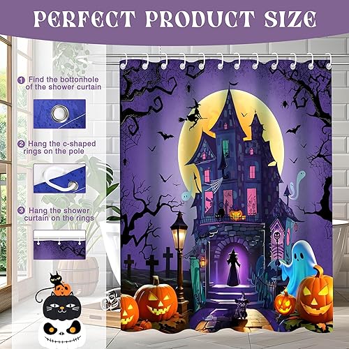 Miniatura 3 de Cortina de ducha de Halloween de 72 x 72 pulgadas, divertida decoración de baño, Halloween, día de Halloween, terror, bruja de primavera, cortinas