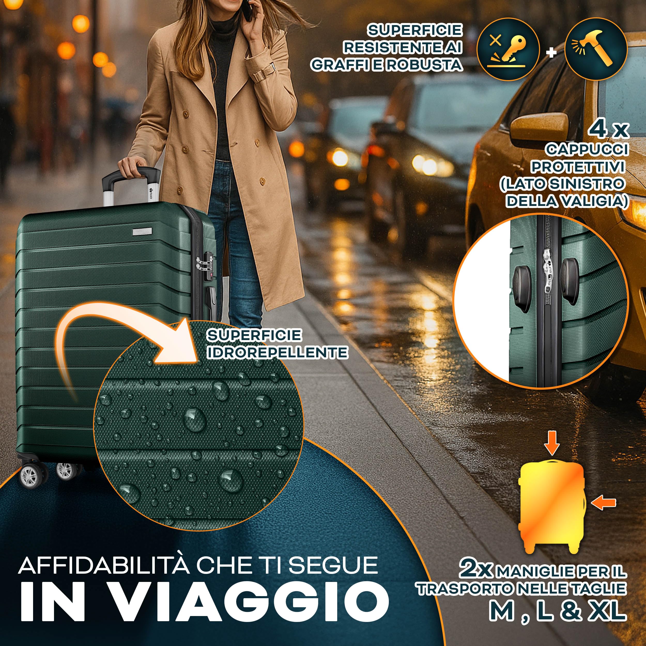 tillvex® Set di 3 valigie da viaggio + bilancia per bagagli, 3 cinghie per valigie e 3 etichette per bagagli, set da 4 ruote, trolley valigia TSA, serratura rigida M-L-XL, verde militare