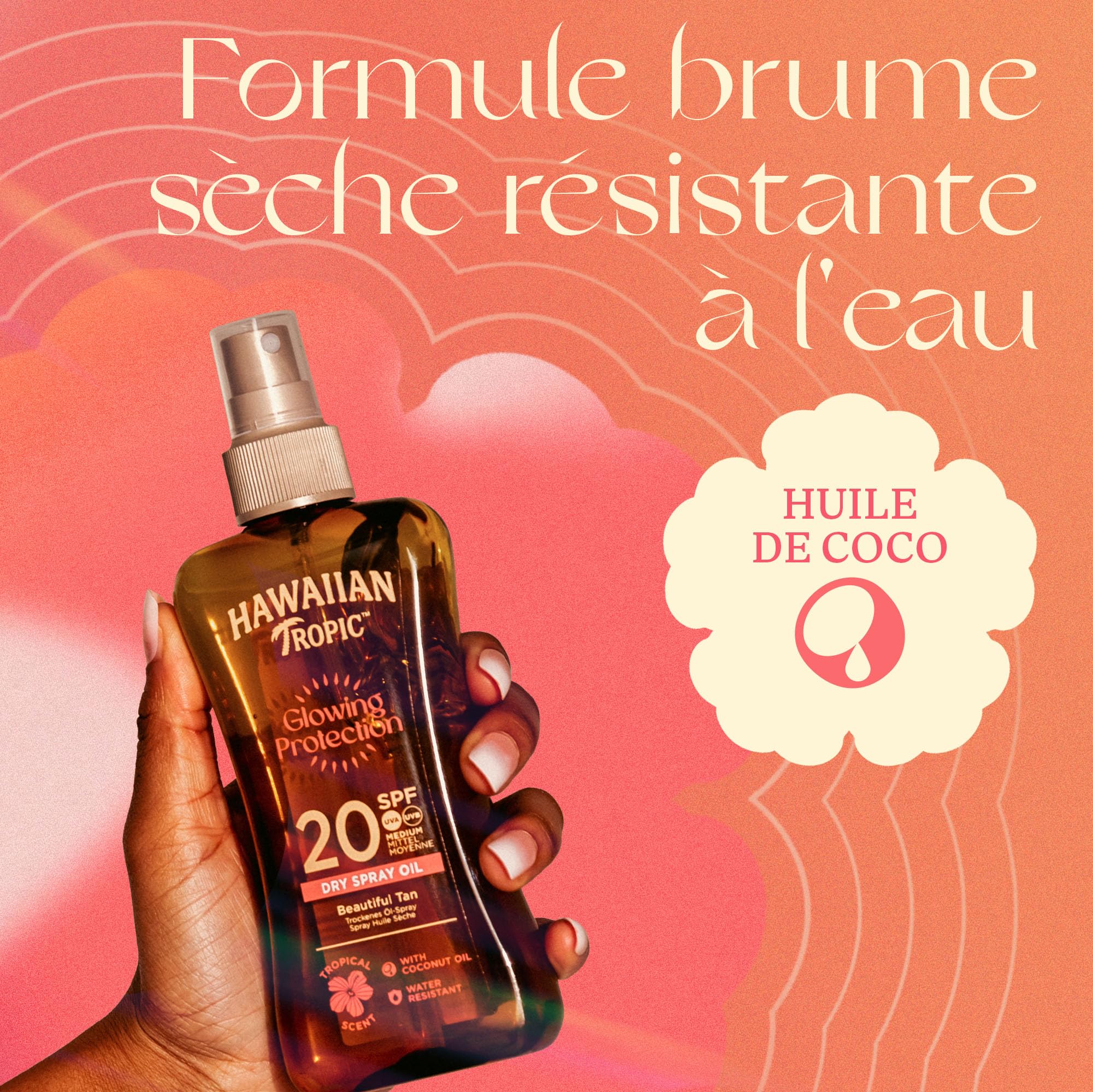 Hawaiian Tropic | Glowing Protection Huile Sèche Écran Solaire Protection SPF 20 UVA + UVB, 200 ml, Parfum Tropical, avec de l'Huile de Noix de Coco, Résistant à l'eau, Végan
