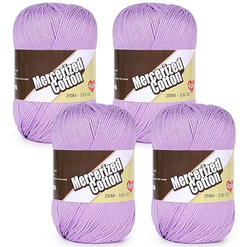 Katech 1OO% Mercerized Cotton Yarn for Crocheting & Knitting–Soft Sport Weight CYC #2, 4 Pcs 3.52 Oz (100g)/273 Yd (250m), Ideal Crochet Yarn for Blankets, Clothes, Opera Cape, Bags, Dishcloth (F) - Light purple