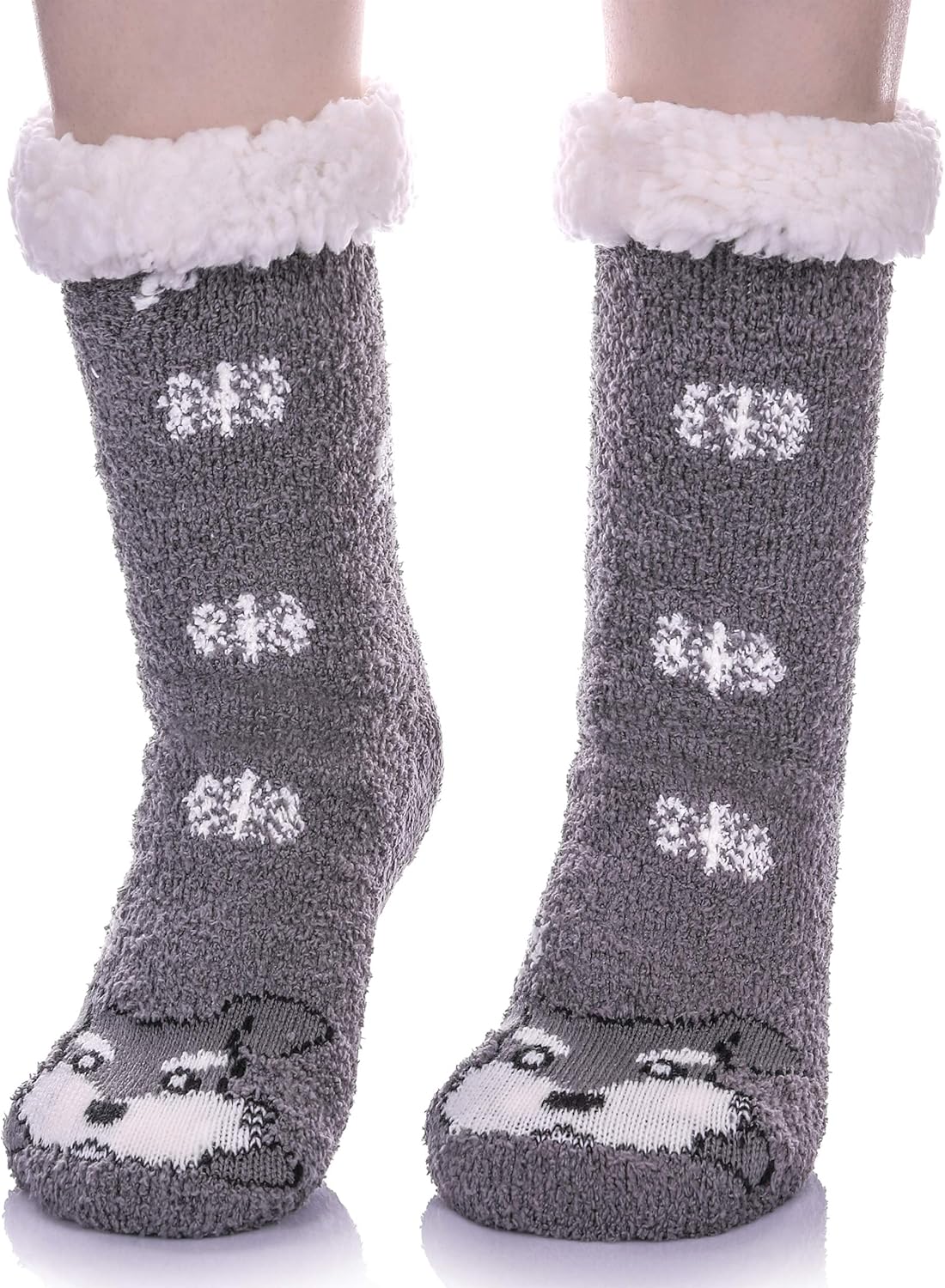LANLEO Fuzzy Slipper Socks For Women with Grippers Winter Warm Thick Plush Fleece Lining Non Slip Animal Home Socks