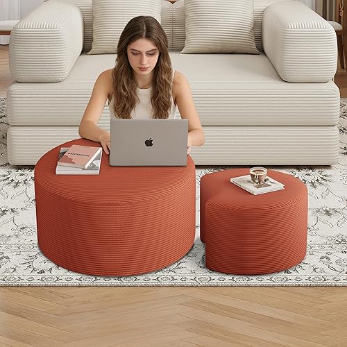 Nesting Coffee Table Set of 2, Upholstered Round Corduroy Circle