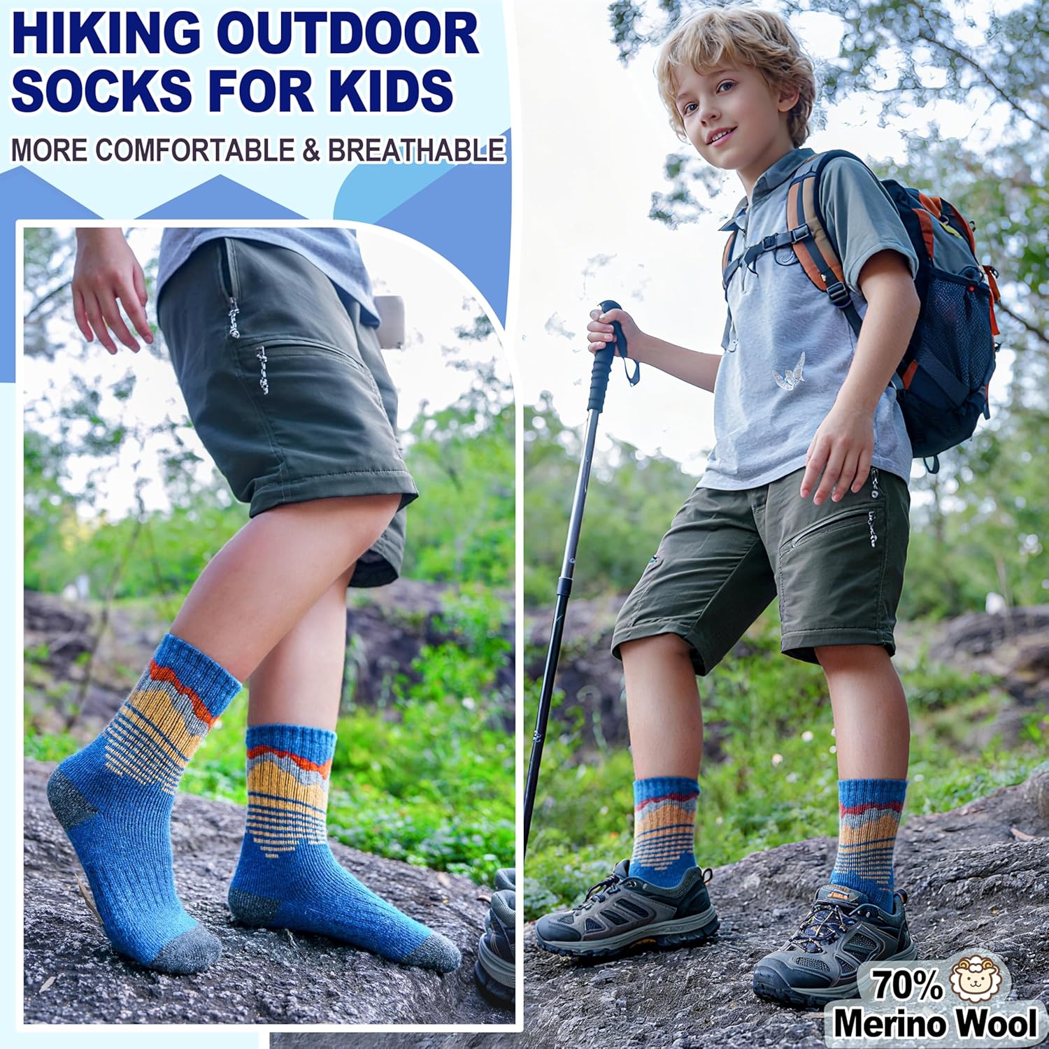 Sandsuced Kids Boys Toddlers Merino Wool Hiking Socks Thermal Warm Winter Cozy Crew Outdoor Socks 6 Pairs - Image 4