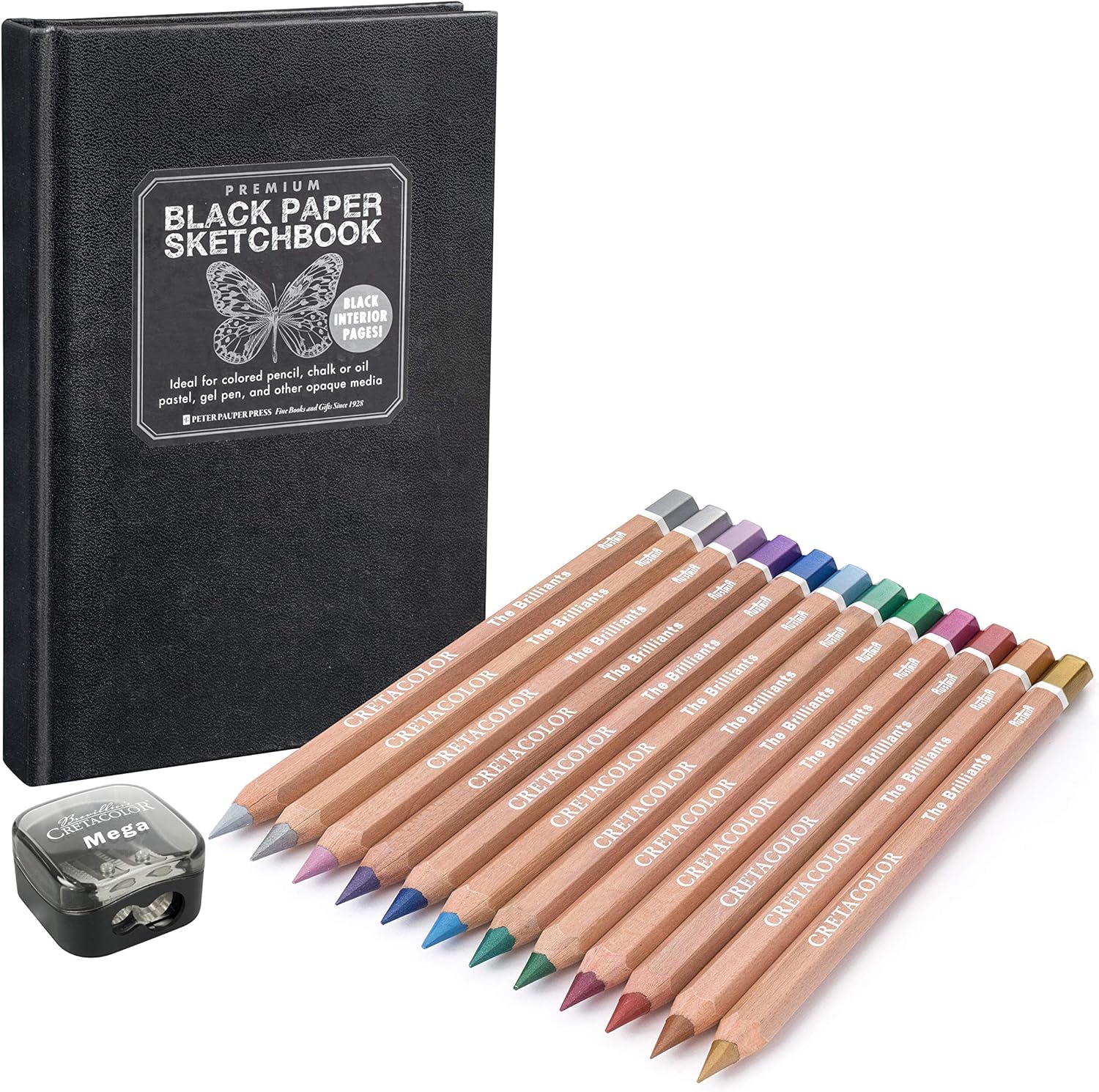 CRETACOLOR The Brilliants Metallic Drawing Set with Premium Drawing Book and Sharpener in Beautiful Packaging, Colourful, 12 Metallic Colouring Pencils, Soft and Rich Colour Application,