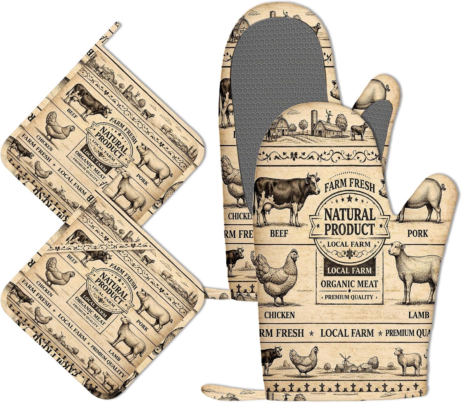 Oven Mitts and Pot Holders Vintage Farm Silicone Kitchen Accessories Set of 4 Heat Resistant Gloves Potholder Non-Slip Grip for Chef Cooking Baking Grilling BBQ