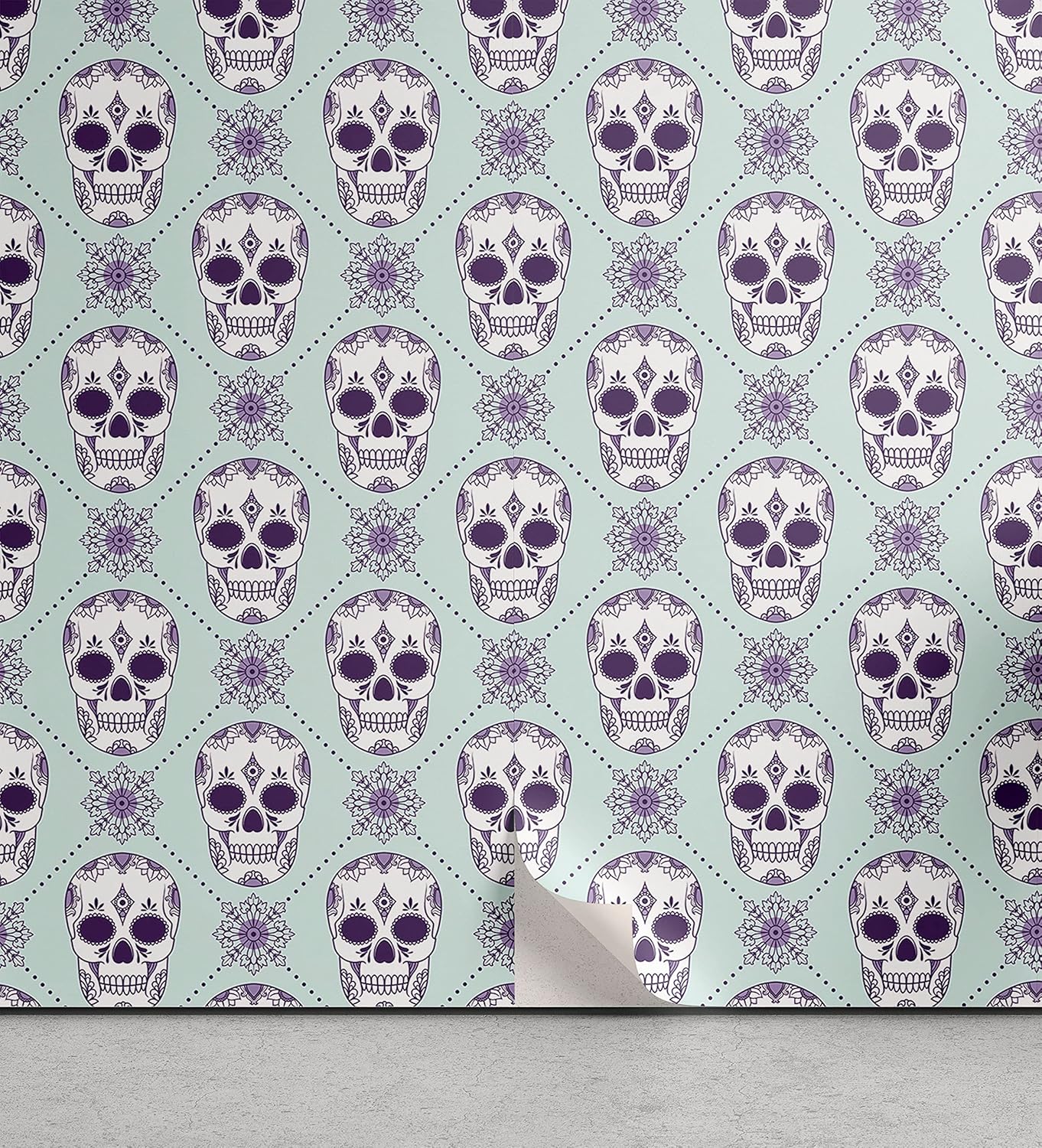 Ambesonne Sugar Skull Peel & Stick Wallpaper for Home, Flower Pattern with Skulls on Geometric Floral Damask Background, Self-Adhesive Living Room Kitchen Accent, 13" x 100", Pale Blue Purple White