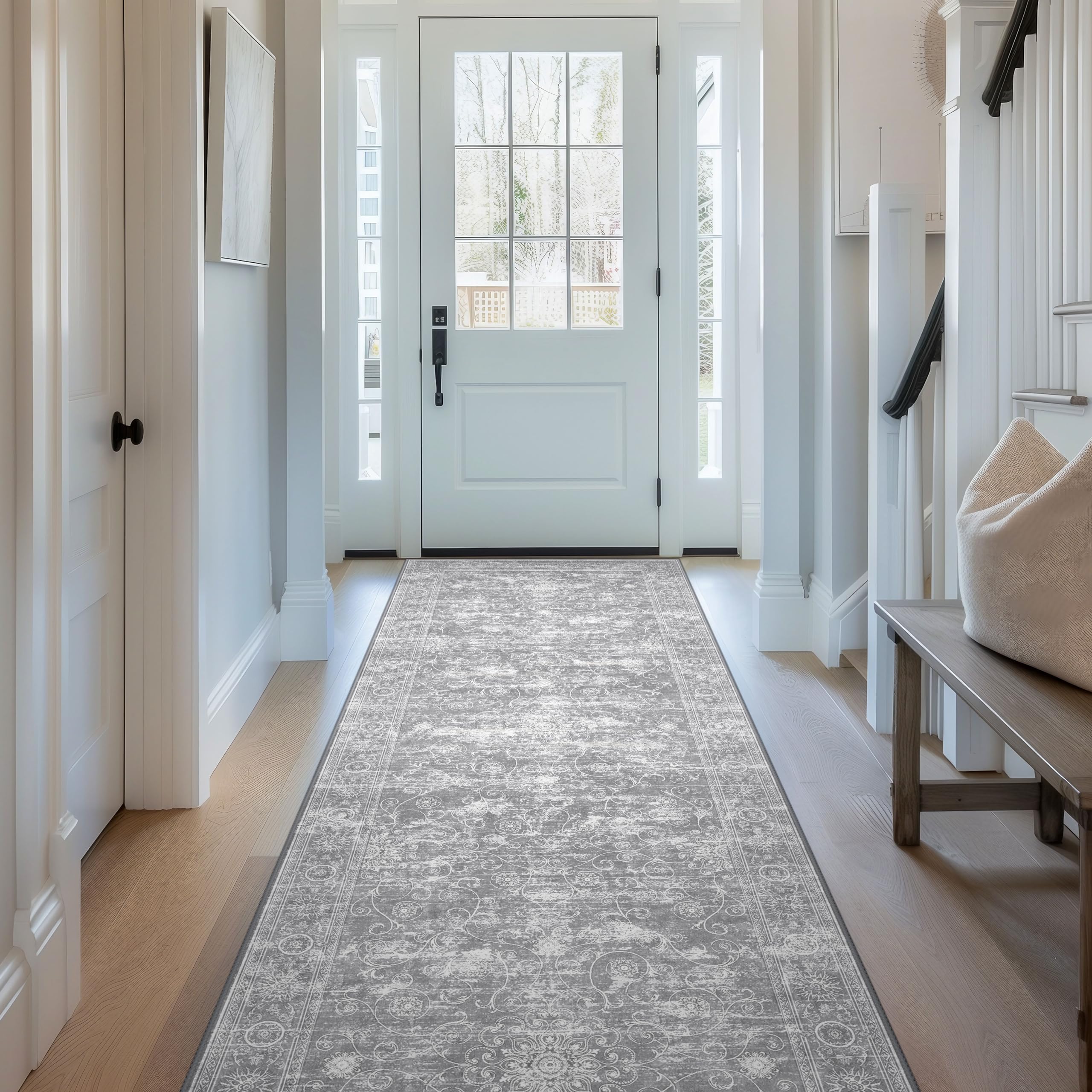 Non Slip Hallway Runner Rug 2'x6' Long for Kitchen Machine Washable Soft Floor Carpet Runners Rubber Backed for Hall Laundry Room Living Bathroom Bedroom Entryway 6 ft,Silver Grey