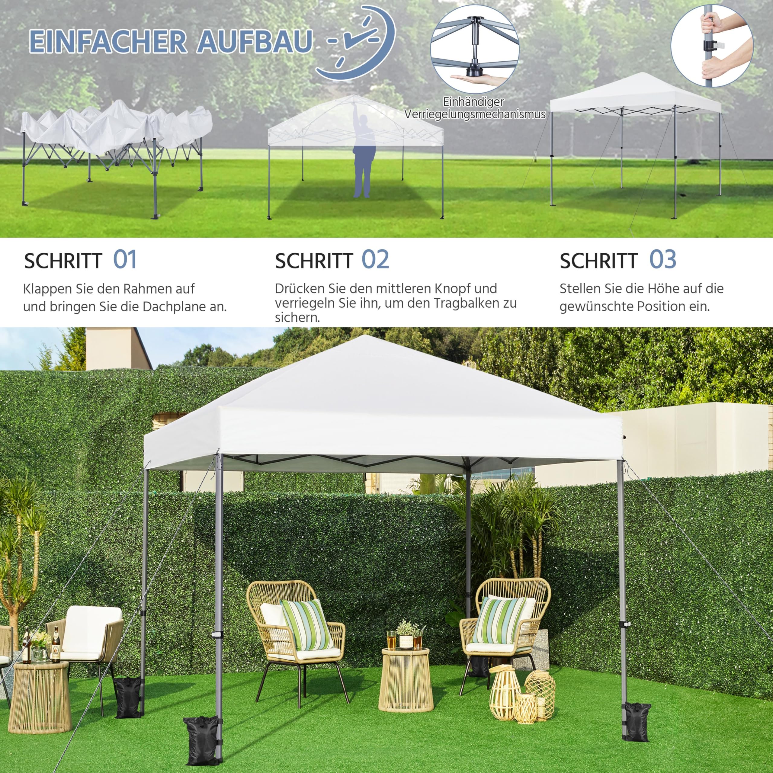 Yaheetech 3x3m Pop Up Pavillon One Push Faltpavillon 170-265 cm H, Weiß | Gartenpavillon Wasserdicht Partyzelt UV-Schutz 50+ Faltzelt inkl. 8 Bodennägel & 4 Sandsäcke & 1 Tragetasche für Camping