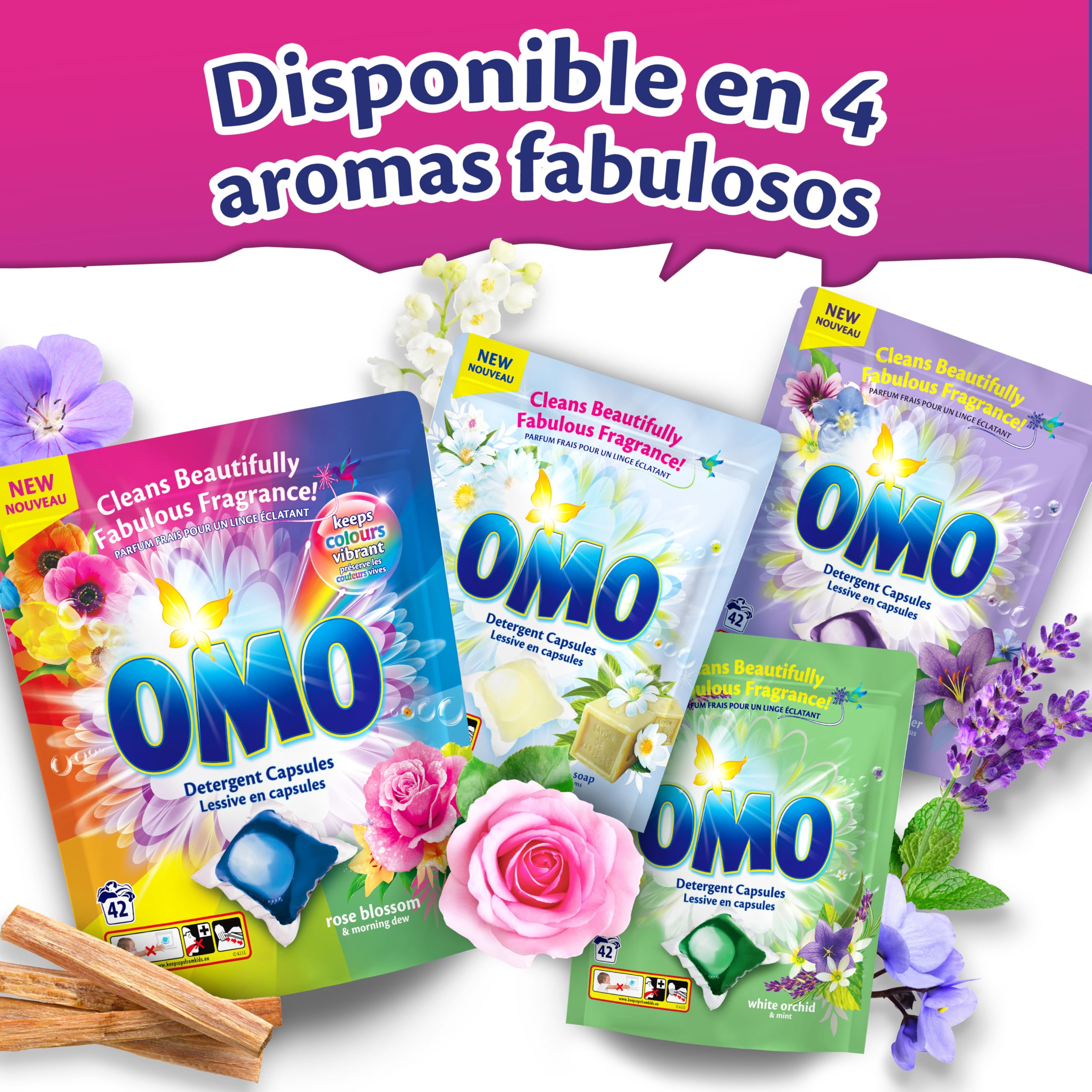 OMO Cápsulas Detergente Rosa Blossom | Pack Grande | 168 Cápsulas