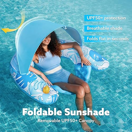Miniatura 2 de SLOOSH Flotadores de piscina con toldo para adultos, sillas inflables XL con portavasos para adultos, flotadores inflables con reposacabezas para