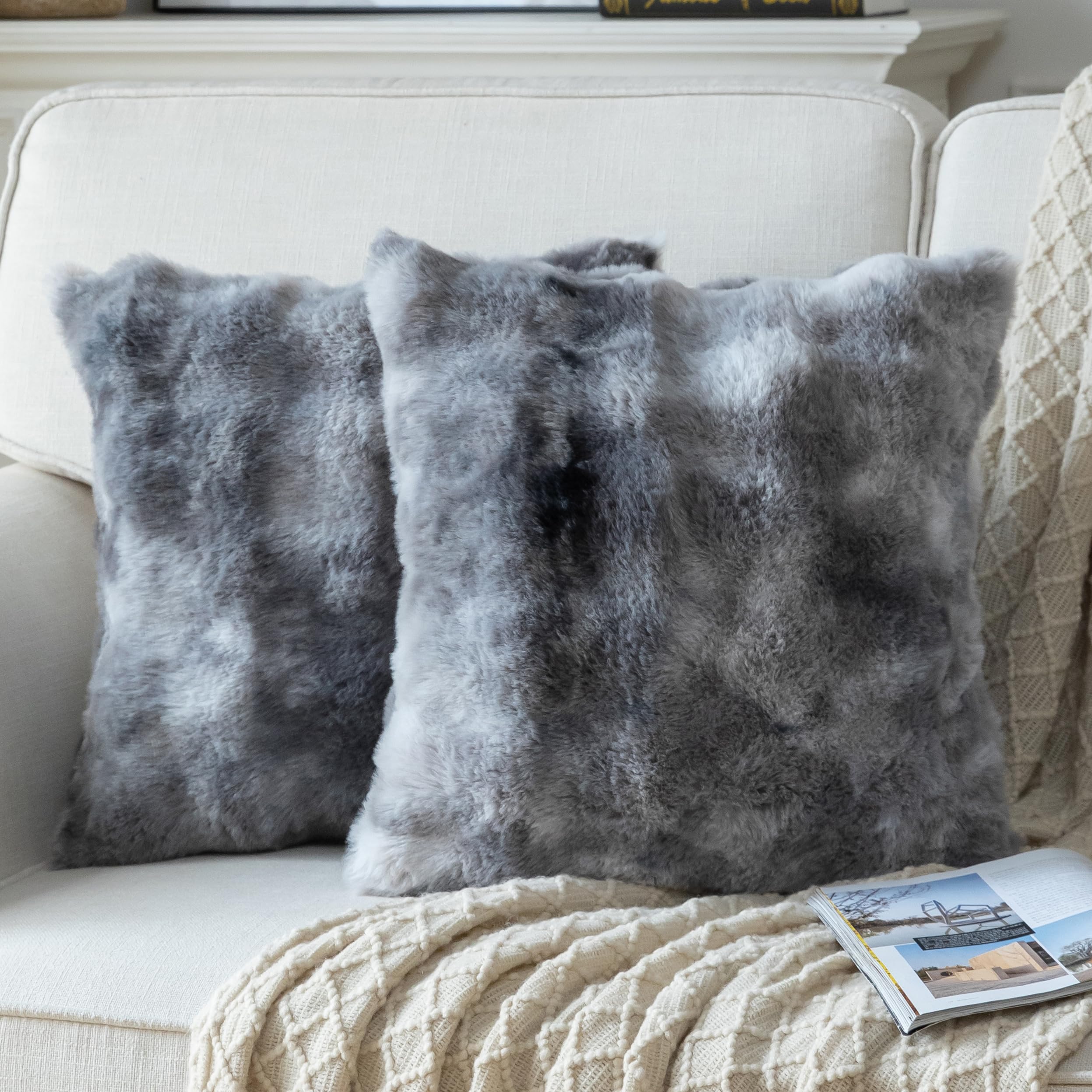 Joyouth Pack of 2 Thick Plush Cushion Cover Fluffy Wave Faux Fur Decorative Cushion Covers Soft Wool Pillowcase for Sofa Couch Livingroom 24x24 Inch White Grey