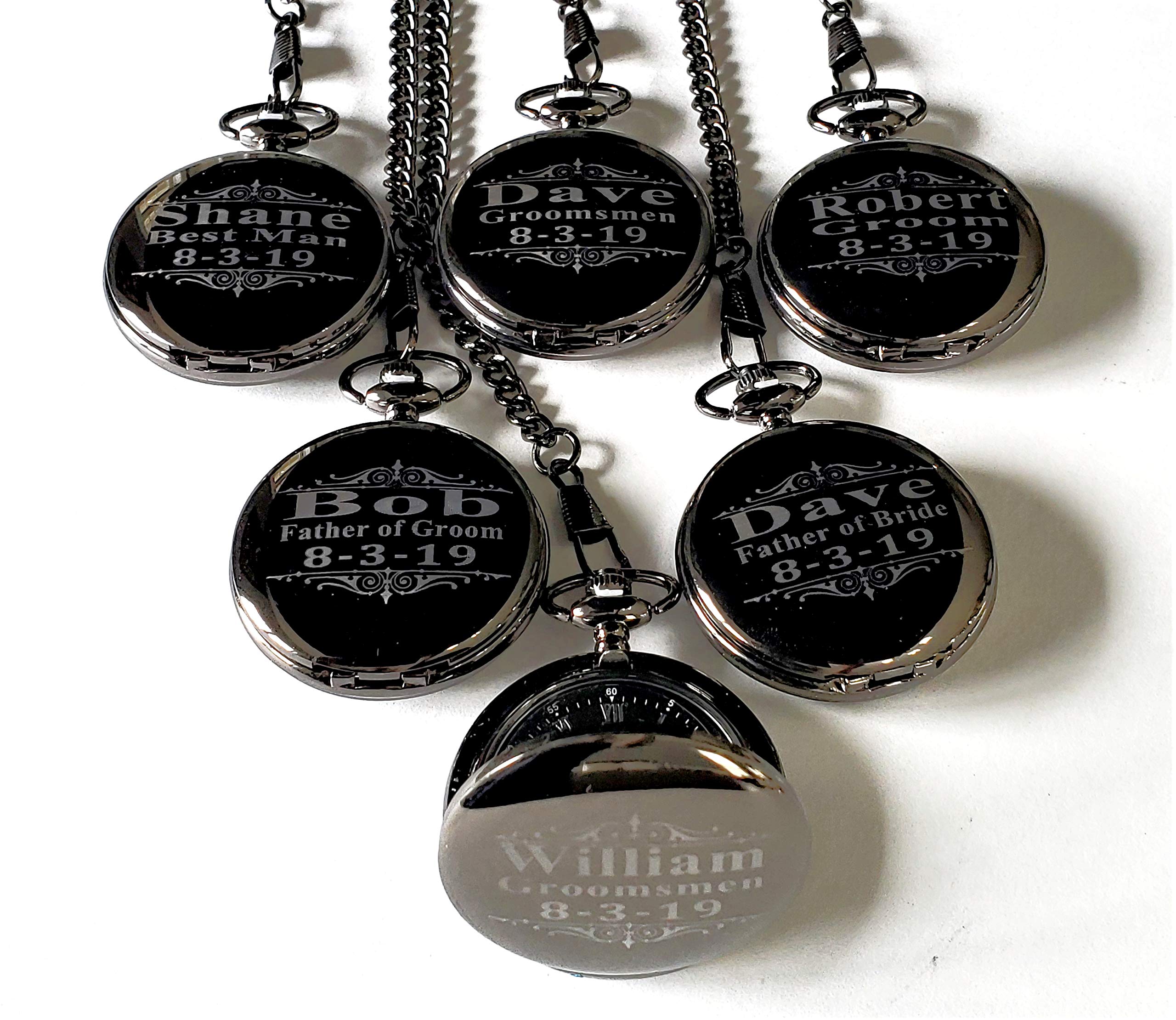 6 Custom Personalized Pocket Watches - Gold Wedding Gift Set - Groomsmen Personalized Watches with Chain and Box Included - Engraving Included (Gold Polished)