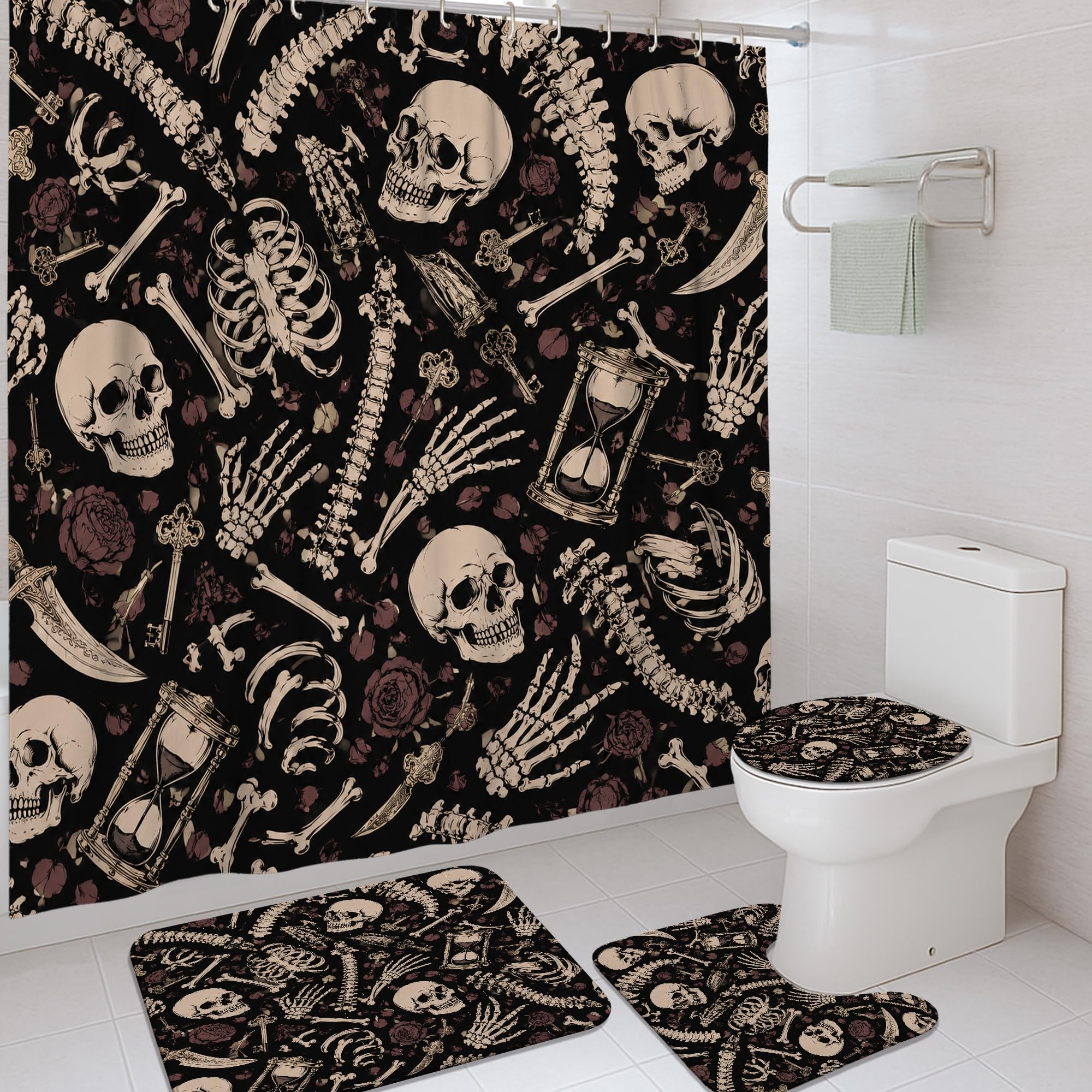 Rideau de douche squelette rose pour une salle de bain gothique et eclectique