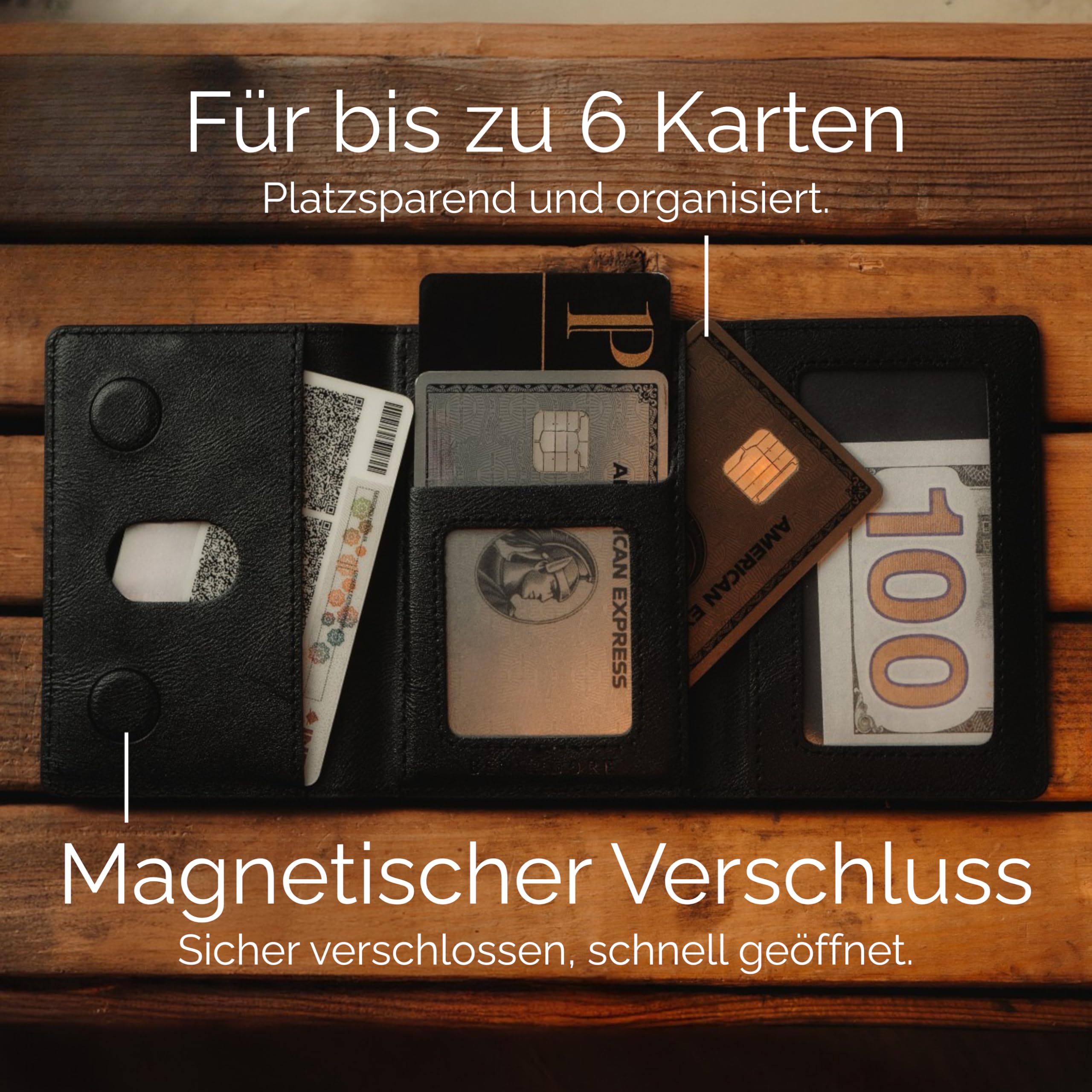 MagSafe Kartenhalter – Magnetischer Kartenhalter aus Leder für iPhone 17/16/15/14/13/12 – Platz für bis zu 6 Karten – Slim Wallet fürs Handy – Starke Magnetkraft, schlankes Design (Schwarz)