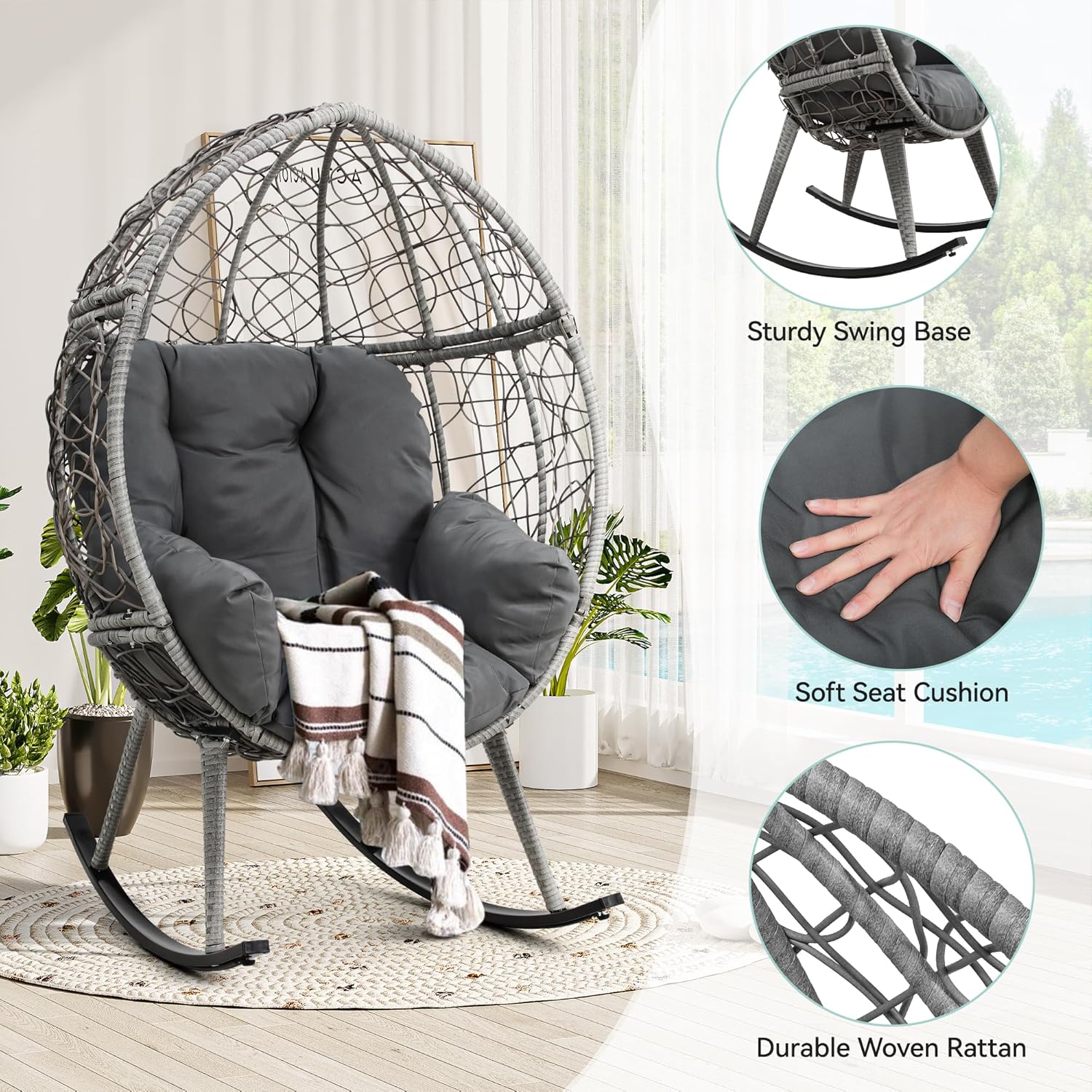 YITAHOME Wicker Rocking Egg Chair with Cushioned Comfort, Patio Rocker 250lb Capacity, Anti-Slip, All-Weather Resilient Rattan Design for Indoor & Outdoor Relaxation Spaces, Grey
