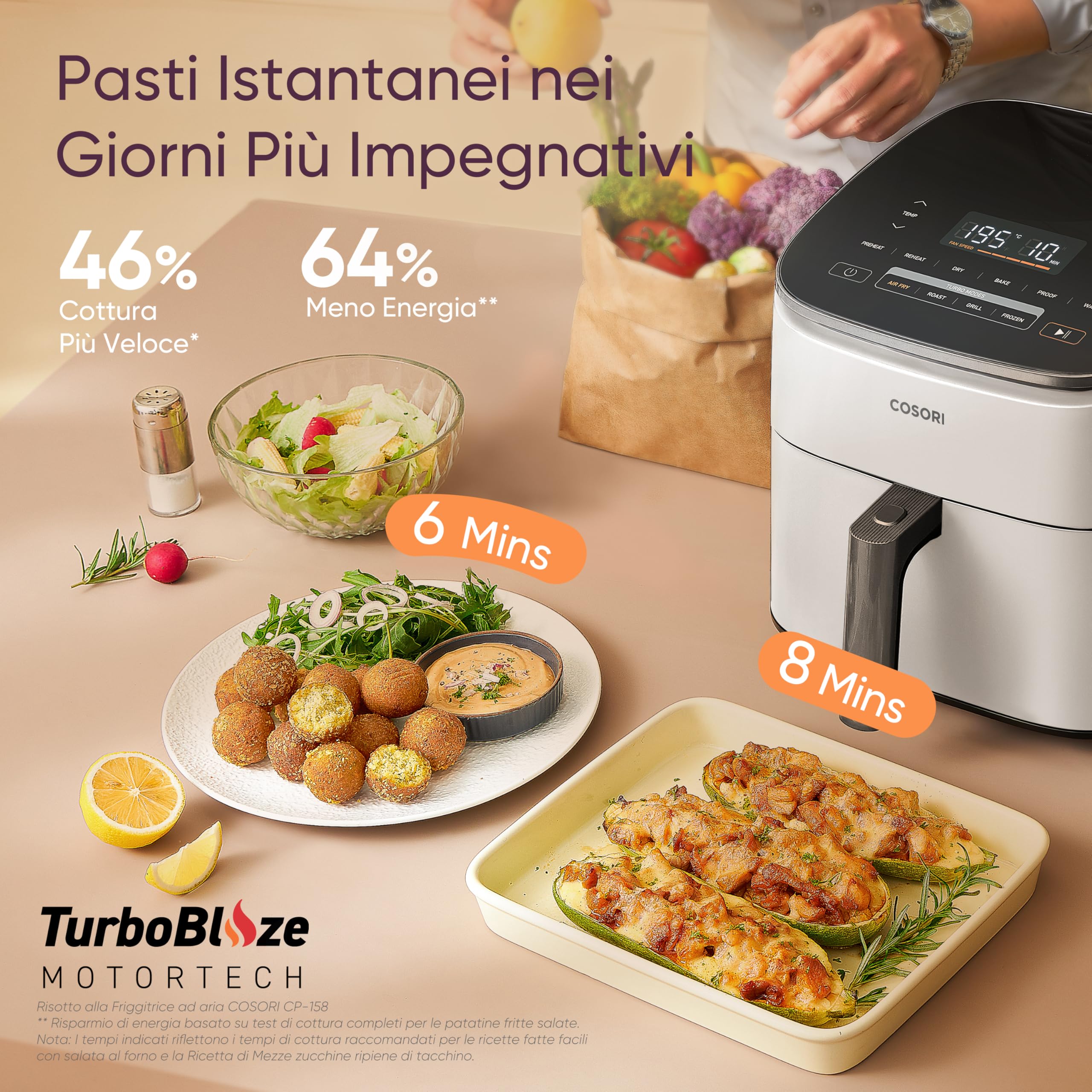 COSORI Friggitrice ad Aria Turbo Blaze 6L (1,36Kg), Air Fryer con DC Motore, 9 + 1 Funzioni & 5 Velocità della Ventola Automatica, 110 Ricette & 96 Tabelle di Cottura degli Ingredienti, 1725W, Bianco