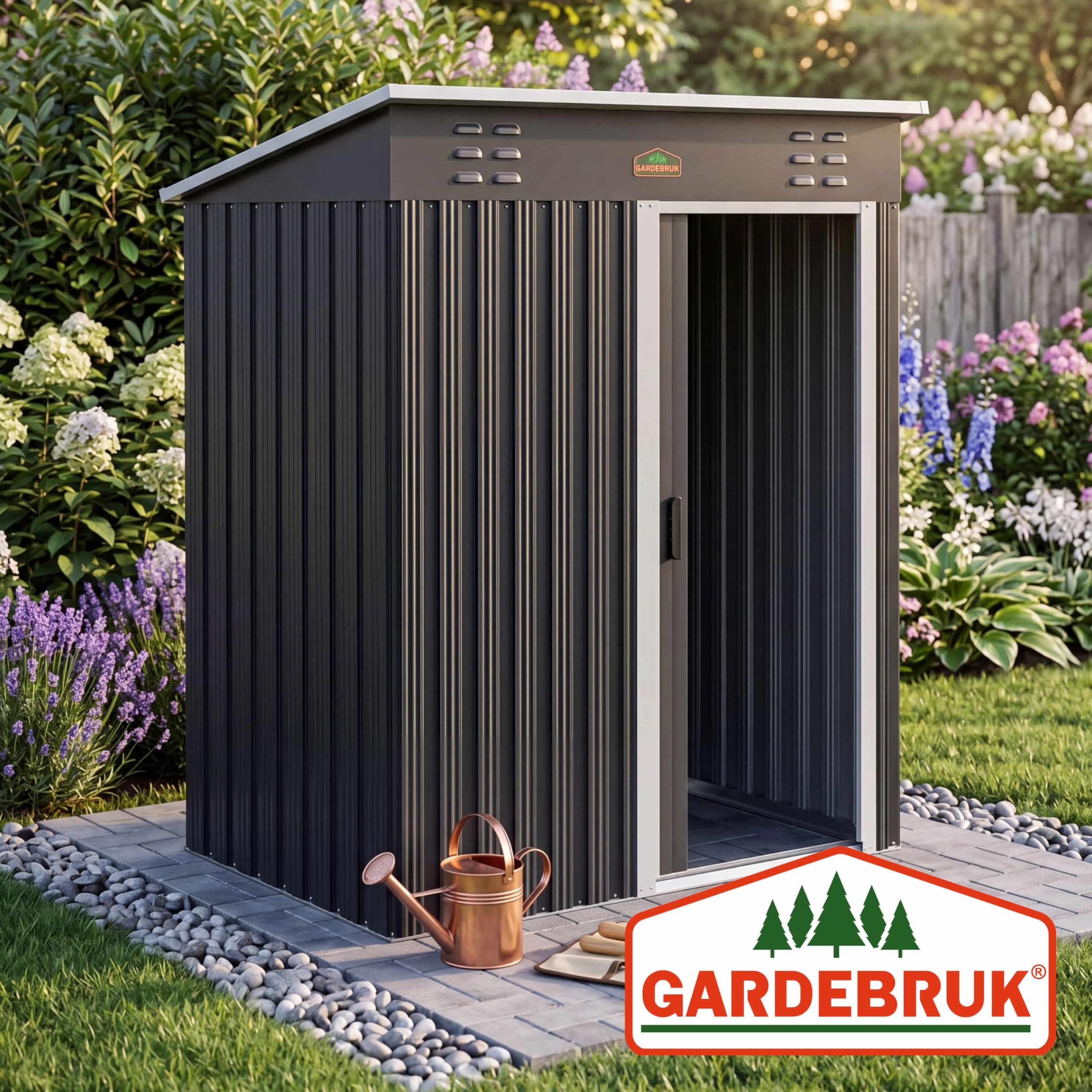 GARDEBRUK® Geräteschuppen NEUES Modell 2026 Gartenhaus 1,5m² 185x165x90cm Schiebetür 20kg Halter Handschuhe Belüftung Pultdach Graphit Gerätehaus