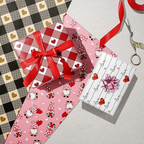 Miniatura 5 de WAPLIGHAL Papel de regalo para el día de San Valentín para hombres y mujeres, lindo gnomo, cuadros rojos y marrones y diseño de corazón de amor, 20