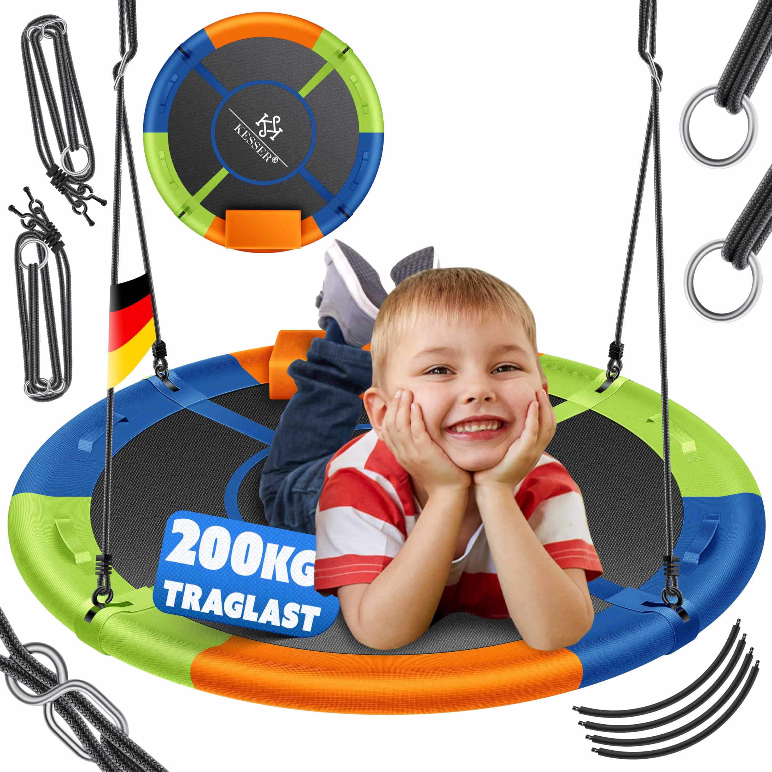 KESSER® Nestschaukel Tellerschaukel Hängeschaukel Rundschaukel Ø 60cm Schaukel bis 200kg belastbar mit Kissen & 4 Griffen verstellbar Kinderschaukel Indoor & Outdoor für Kinder & Erwachsene Bunt