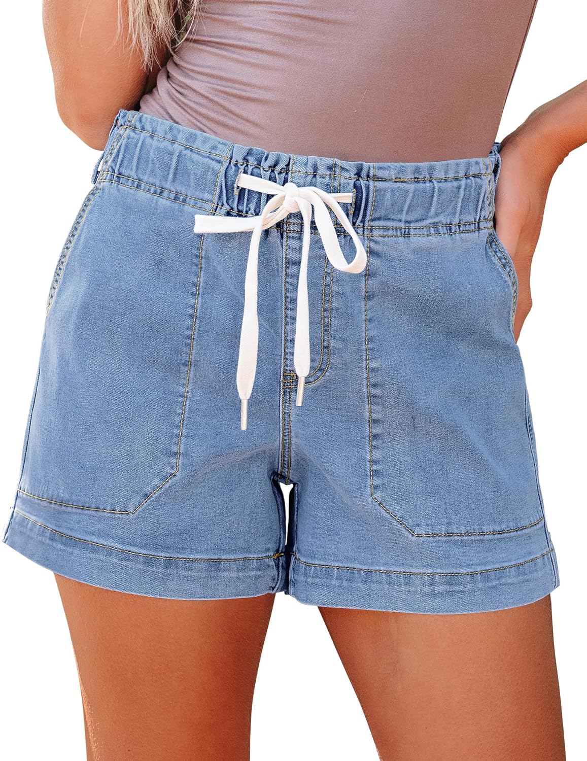 luvamia Jean Shorts for Women High Waisted Pull On Drawstring Elastic Waist Trendy Stretchy Denim Jorts Summer Shorts