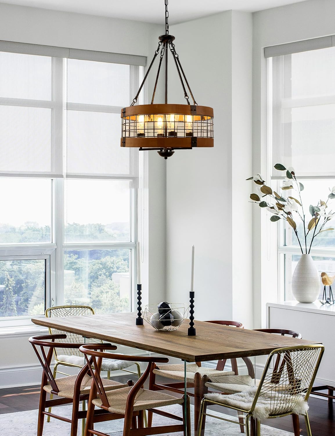 L LOHAS LED Rustic Farmhouse Chandelier for Dining Room, 4-Light Height Adjustable Round Chandeliers, Brown Wood and Black Iron Drum Chandelier for Bedroom, Living Room, Foyer, Kitchen, Entryway