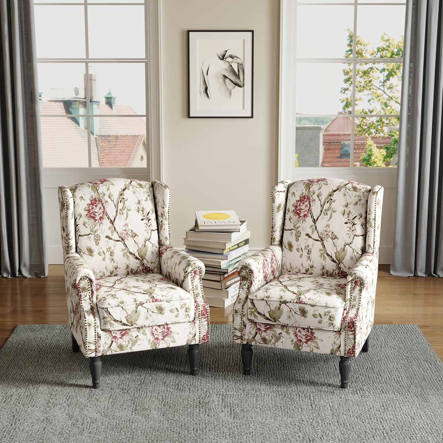 Lumibee Wingback Accent Chair, 2 Set High Back Floral Armchairs in Fabric,Comfy Upholstered Reading Single Sofa Chairs with Solid Wood Legs for Living Room,Bedroom,Office-Floral Beige