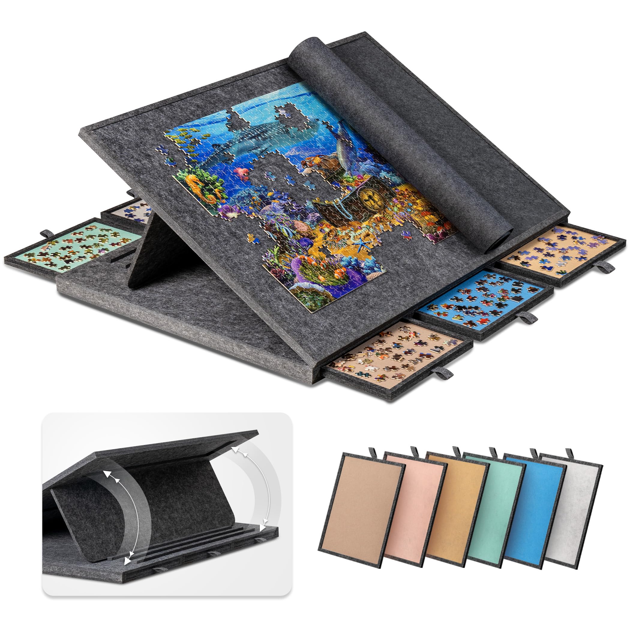 Becko US 1500 Piece Tilting Jigsaw Puzzle Board with 6 Colored Drawers & Cover, Puzzle Table with Storage for Adults, Lightweight & Portable, for Jigsaw Puzzles 1500 Pieces (Dark Gray)